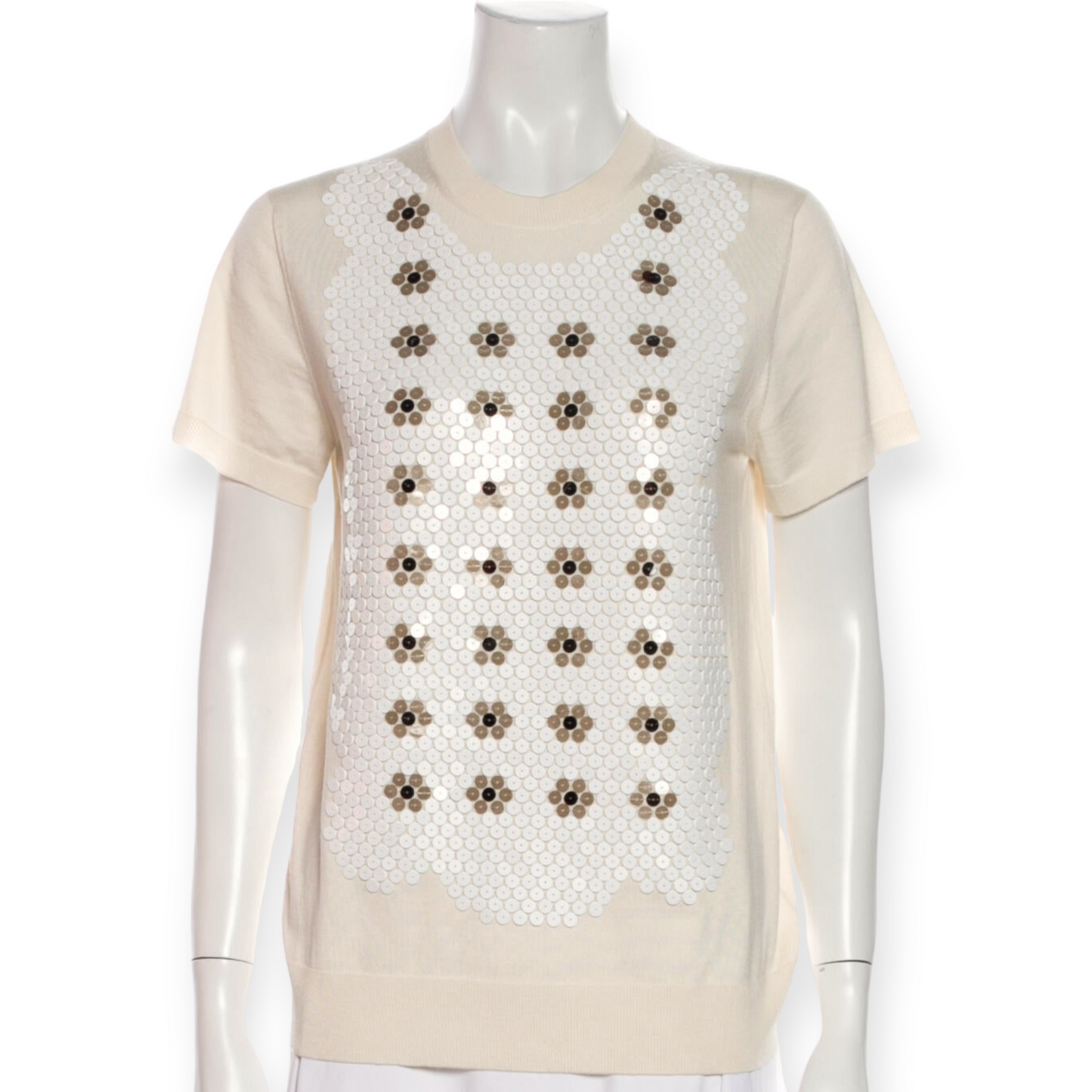 Louis Vuitton Cream Floral Sequin Wool Short Sleeve Knit Top