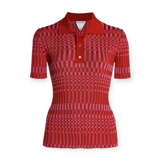 Bottega Veneta Knit Silk Striped Red Pink Polo Top