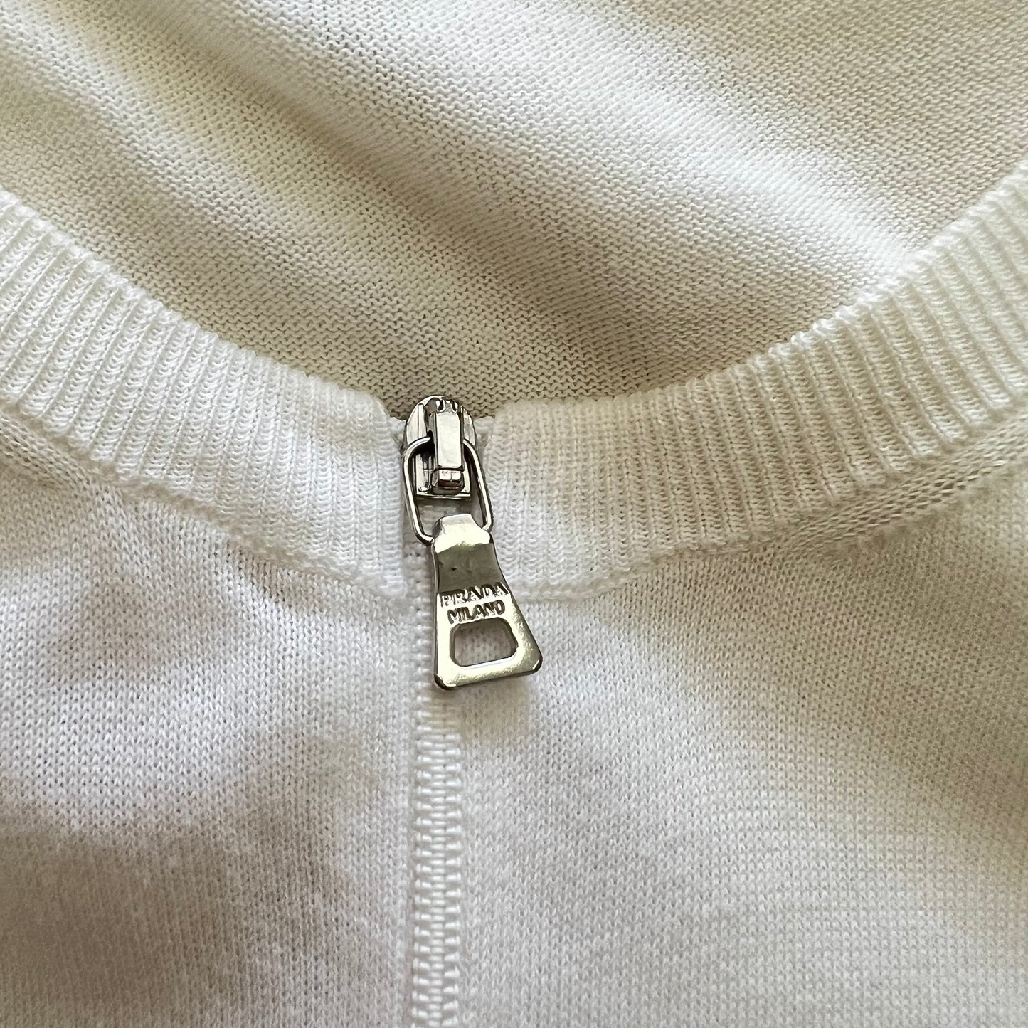 Prada White Round Neck Front Zip Knit Top