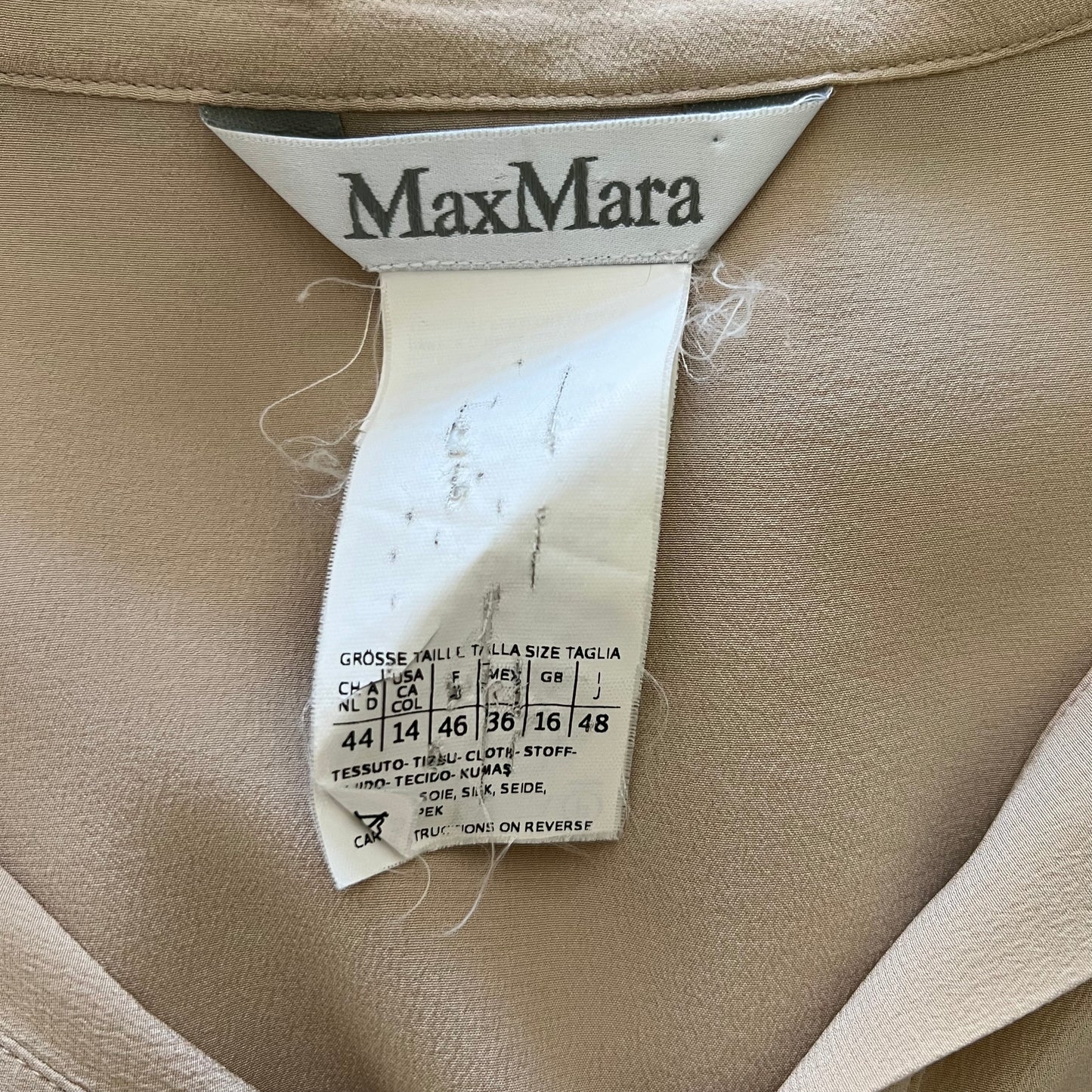 Max Mara Beige Silk Crepe Button Up Shirt Blouse