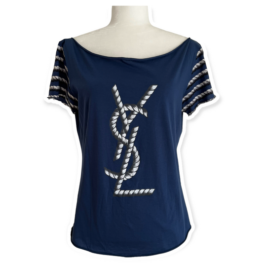 Yves Saint Laurent Navy Blue Rope Logo Cotton T-Shirt