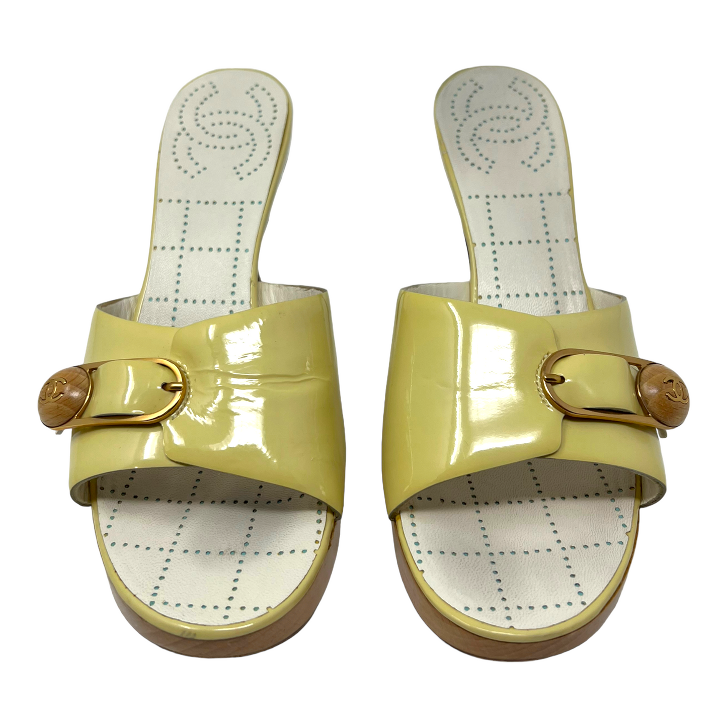 Chanel CC Logo Yellow Patent Leather Sandals