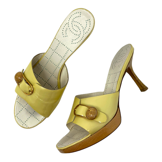 Chanel CC Logo Yellow Patent Leather Sandals