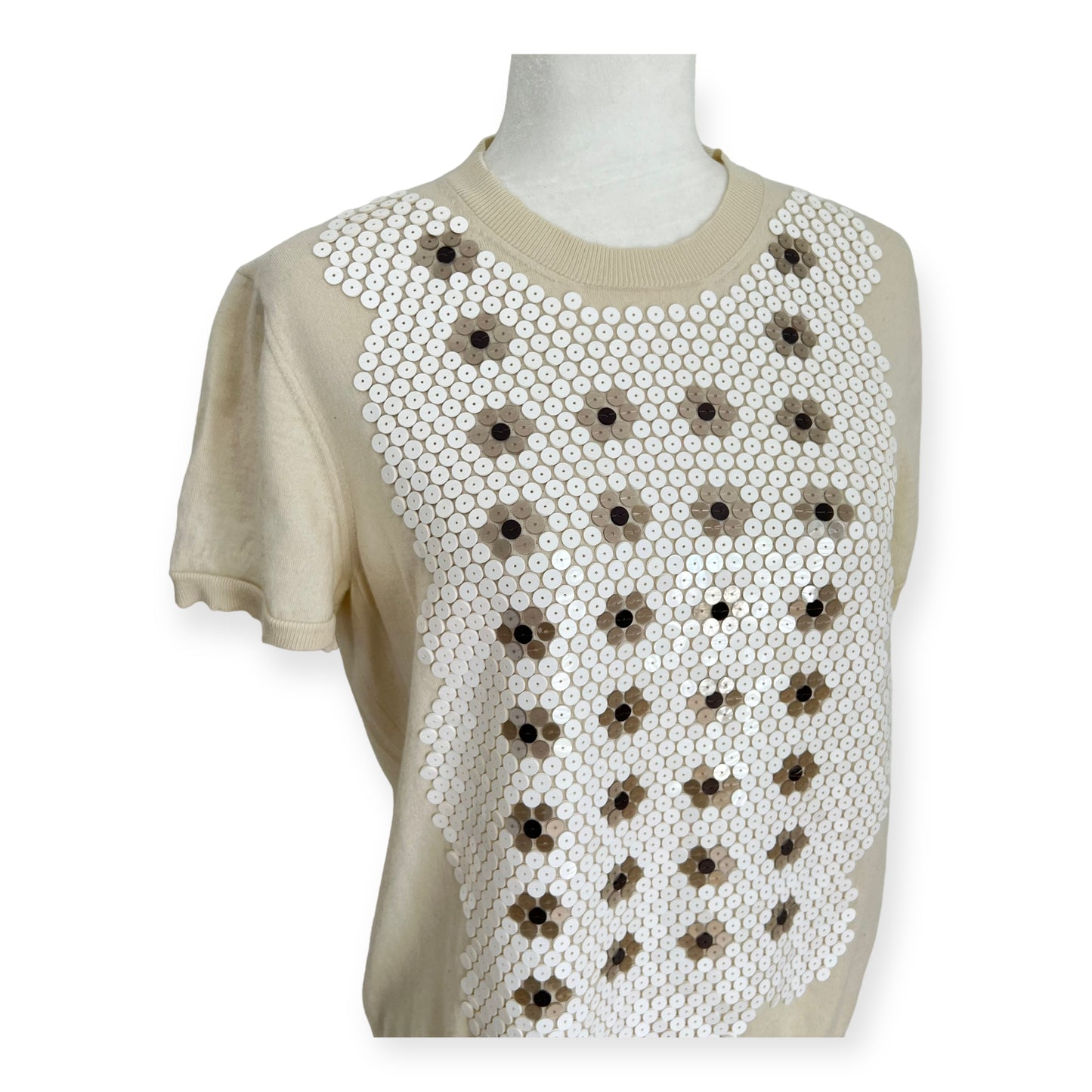 Louis Vuitton Cream Floral Sequin Wool Short Sleeve Knit Top