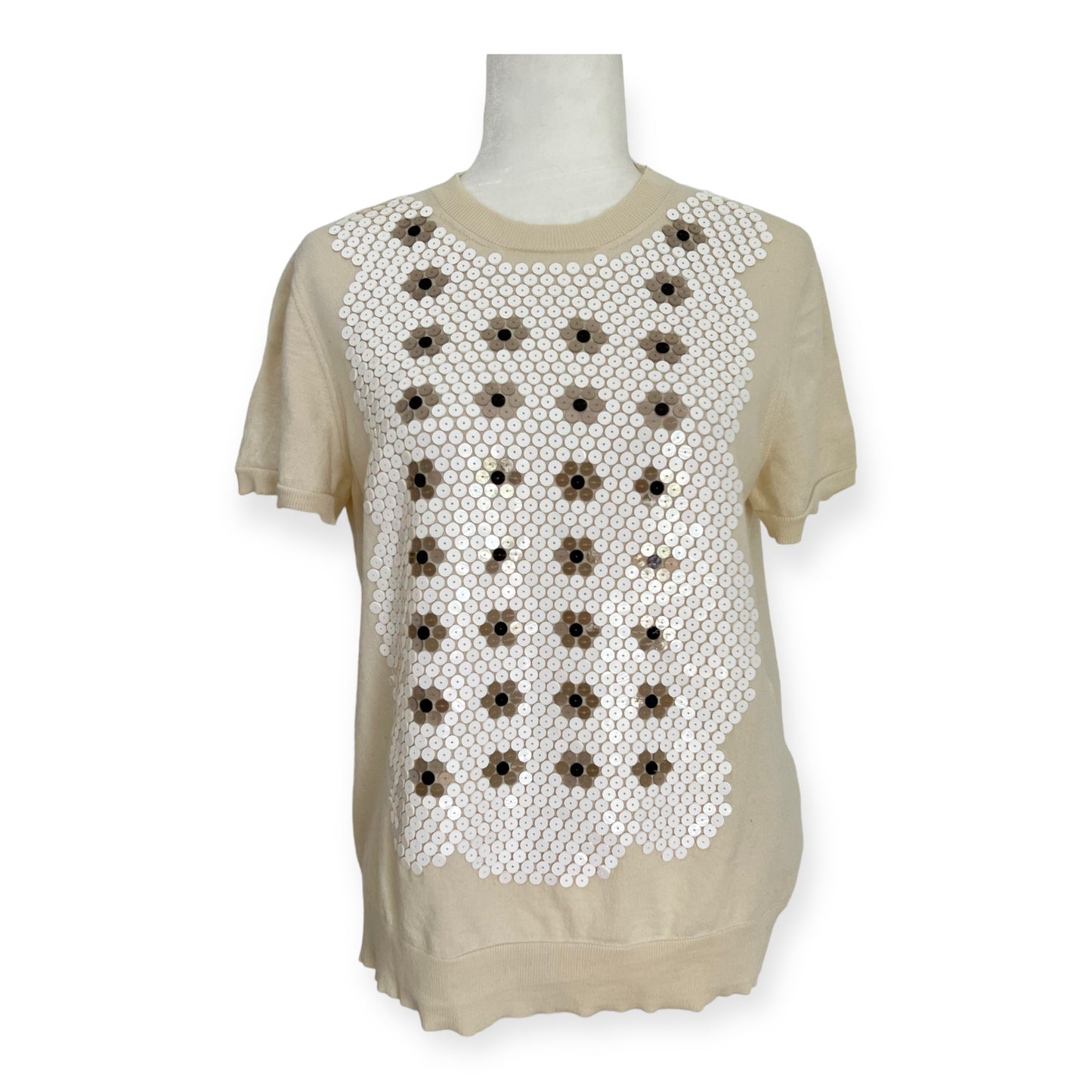 Louis Vuitton Cream Floral Sequin Wool Short Sleeve Knit Top