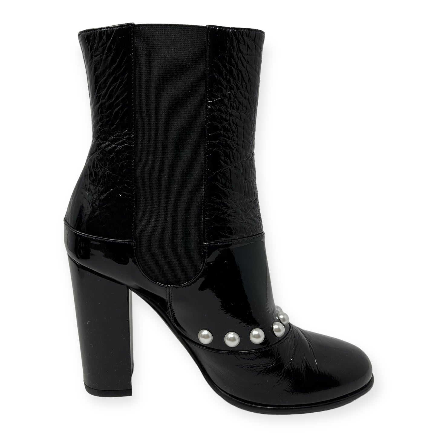 Chanel Black Patent Leather Pearl CC Logo Heeled Booties