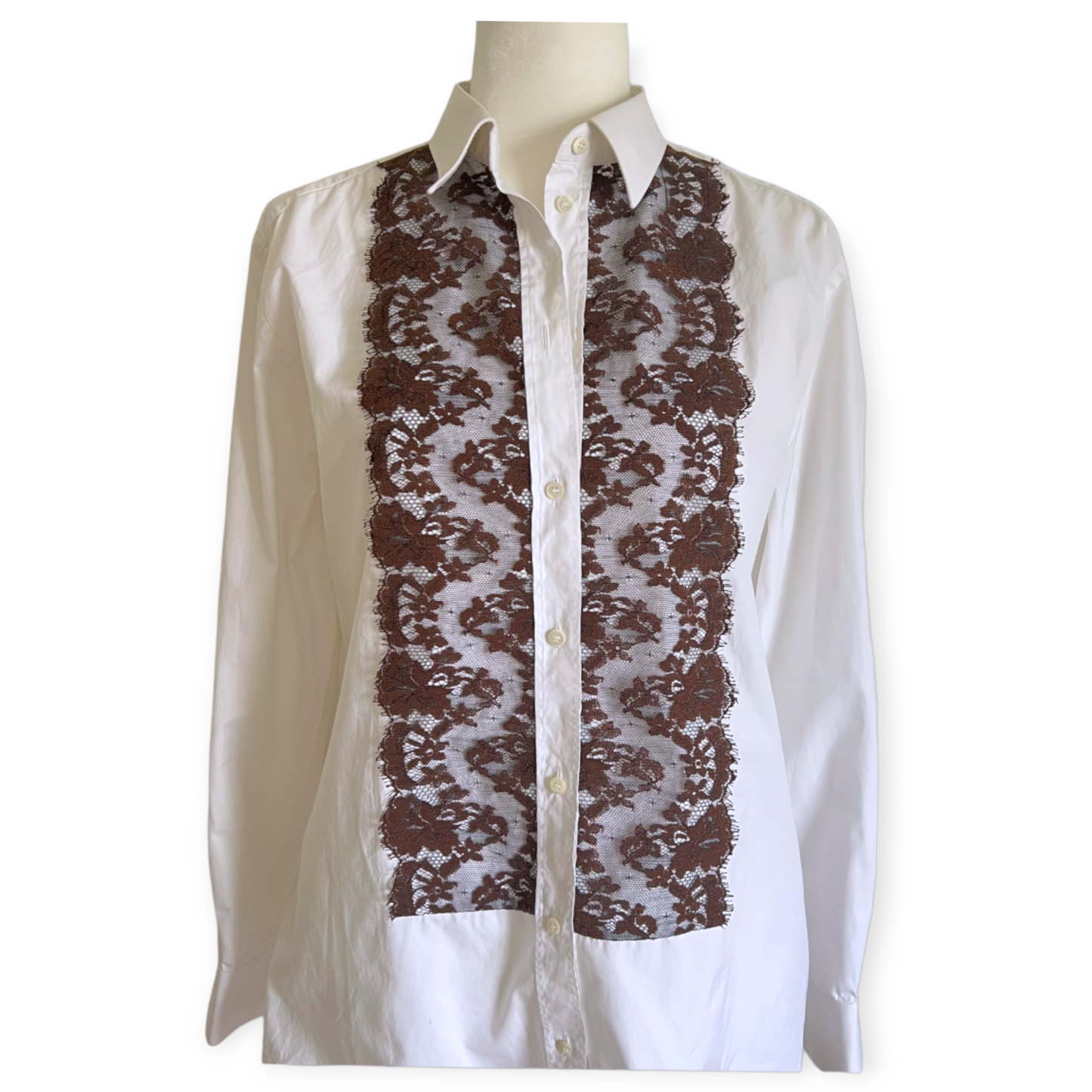 Dolce & Gabbana White Button Down Blouse with Brown Lace Trim