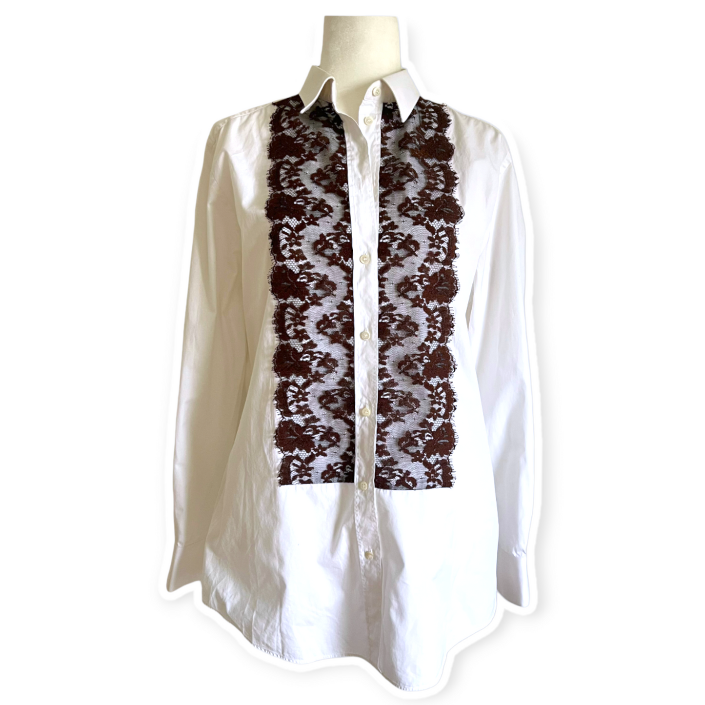 Dolce & Gabbana White Button Down Blouse with Brown Lace Trim