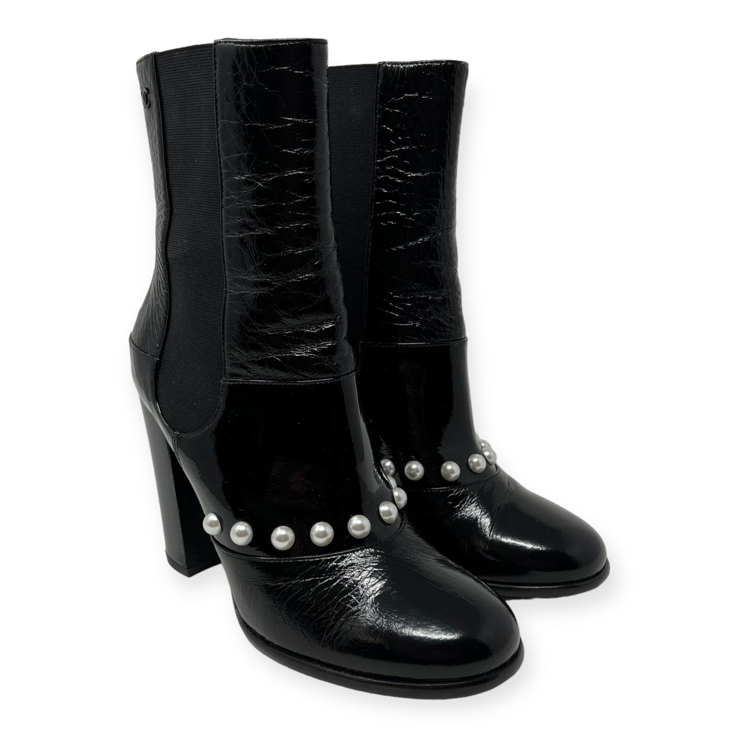 Chanel Black Patent Leather Pearl CC Logo Heeled Booties