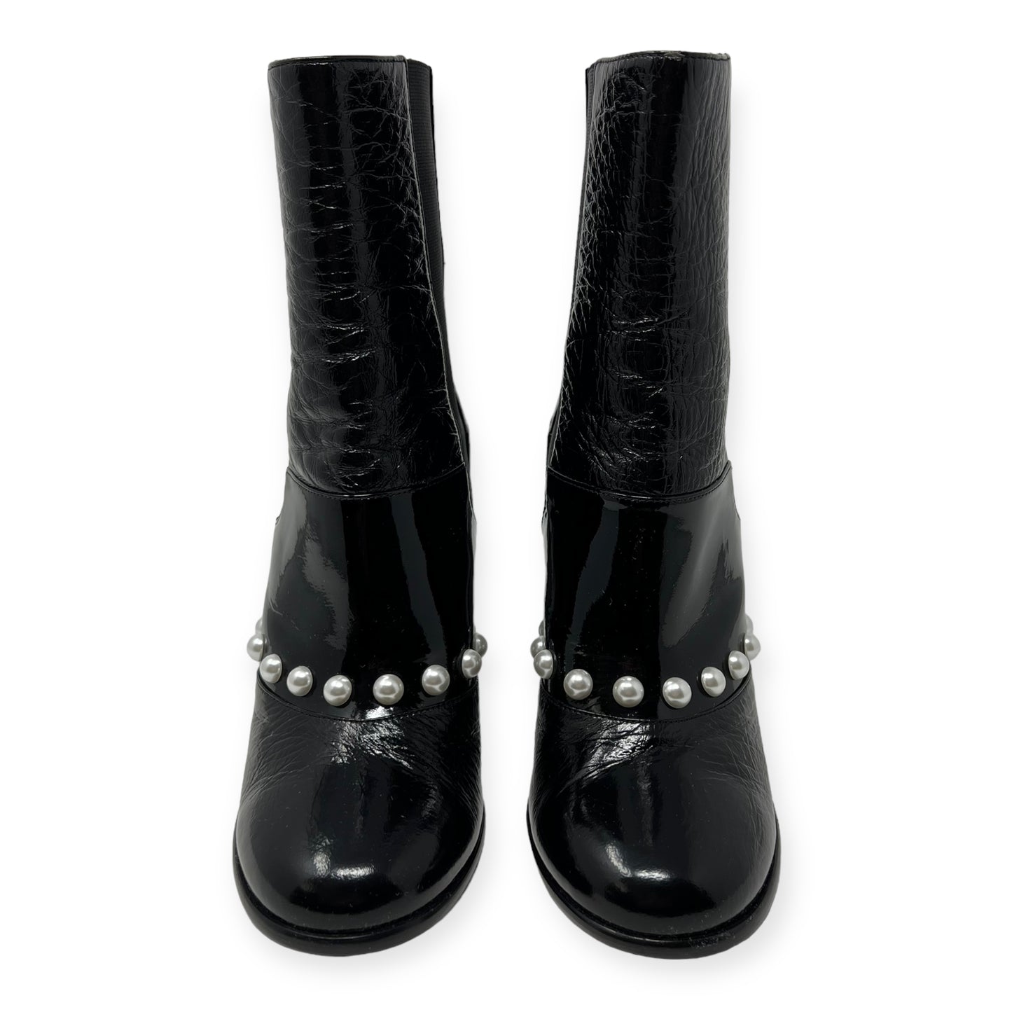 Chanel Black Patent Leather Pearl CC Logo Heeled Booties