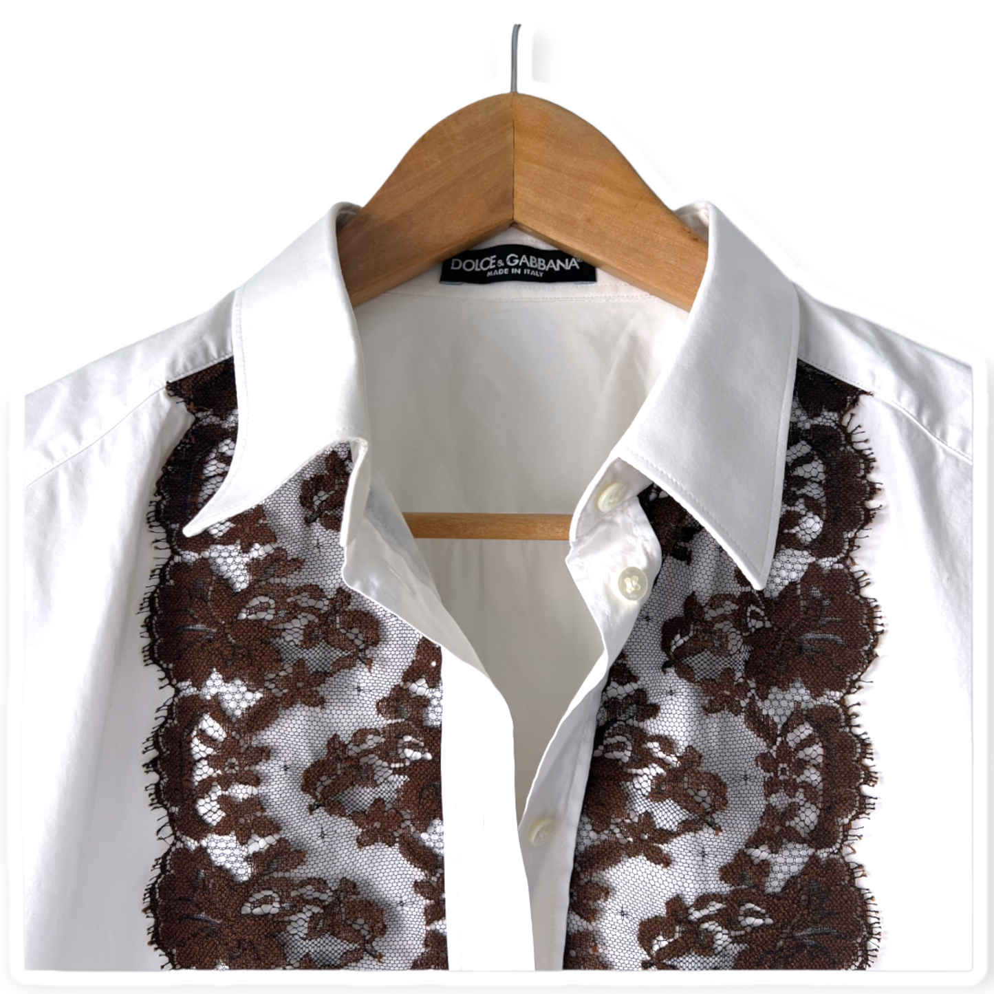 Dolce & Gabbana White Button Down Blouse with Brown Lace Trim