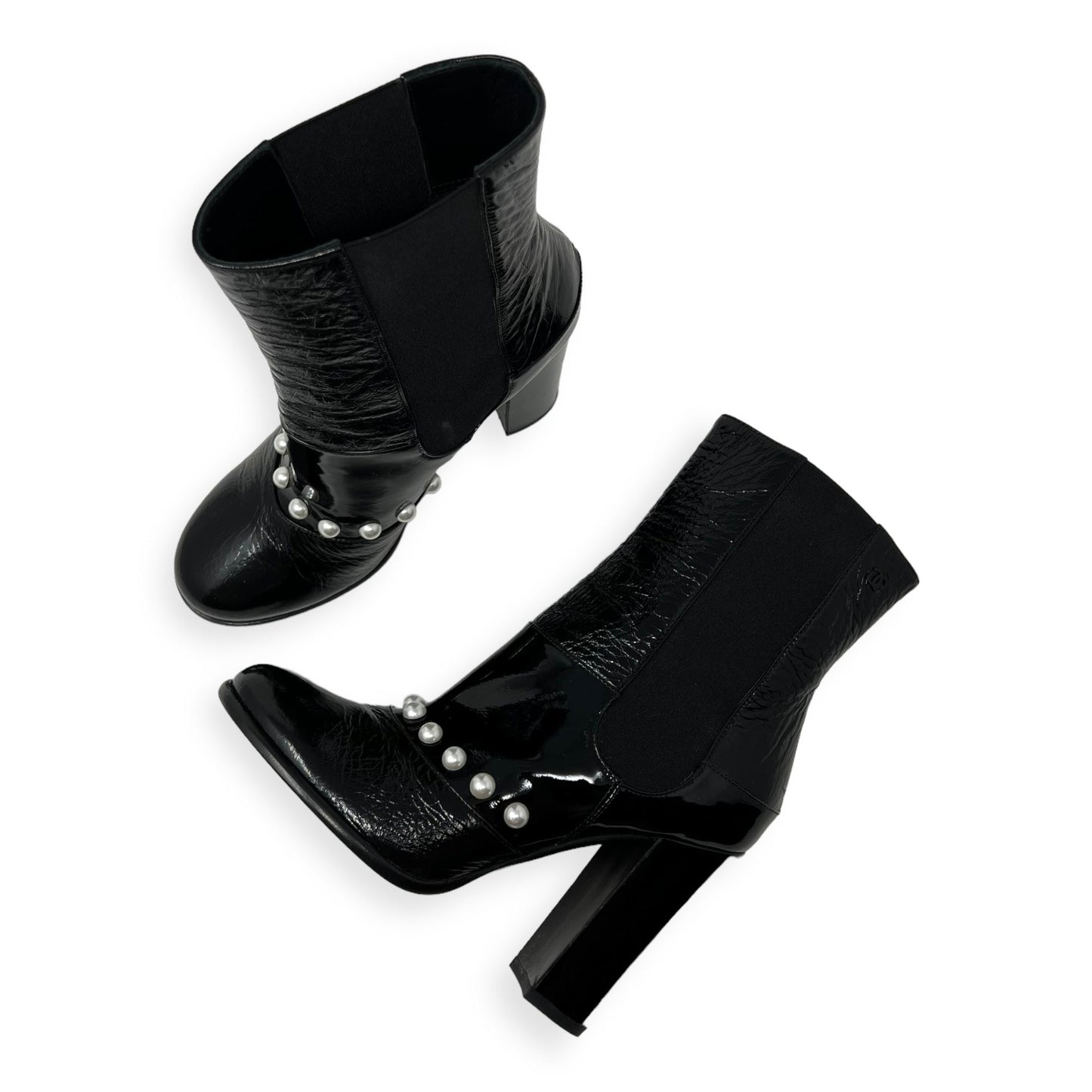 Chanel Black Patent Leather Pearl CC Logo Heeled Booties