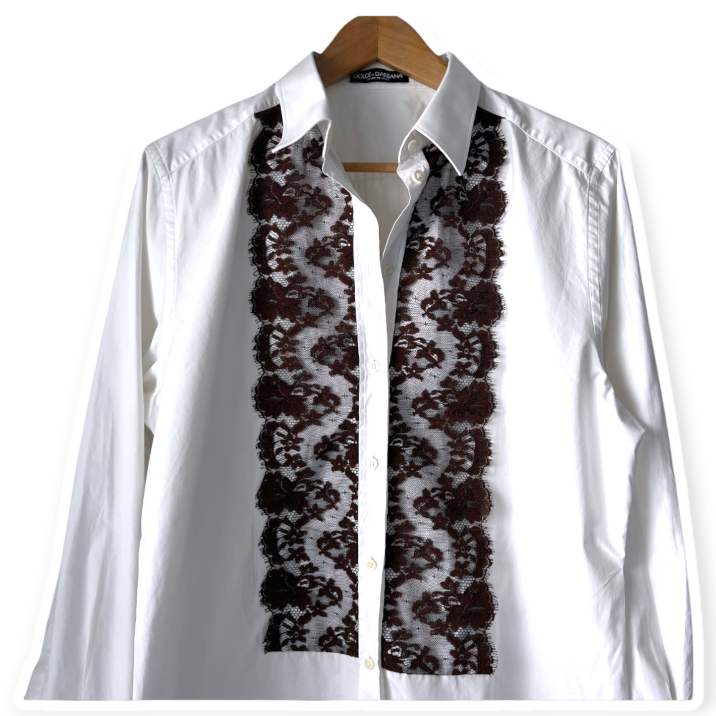 Dolce & Gabbana White Button Down Blouse with Brown Lace Trim