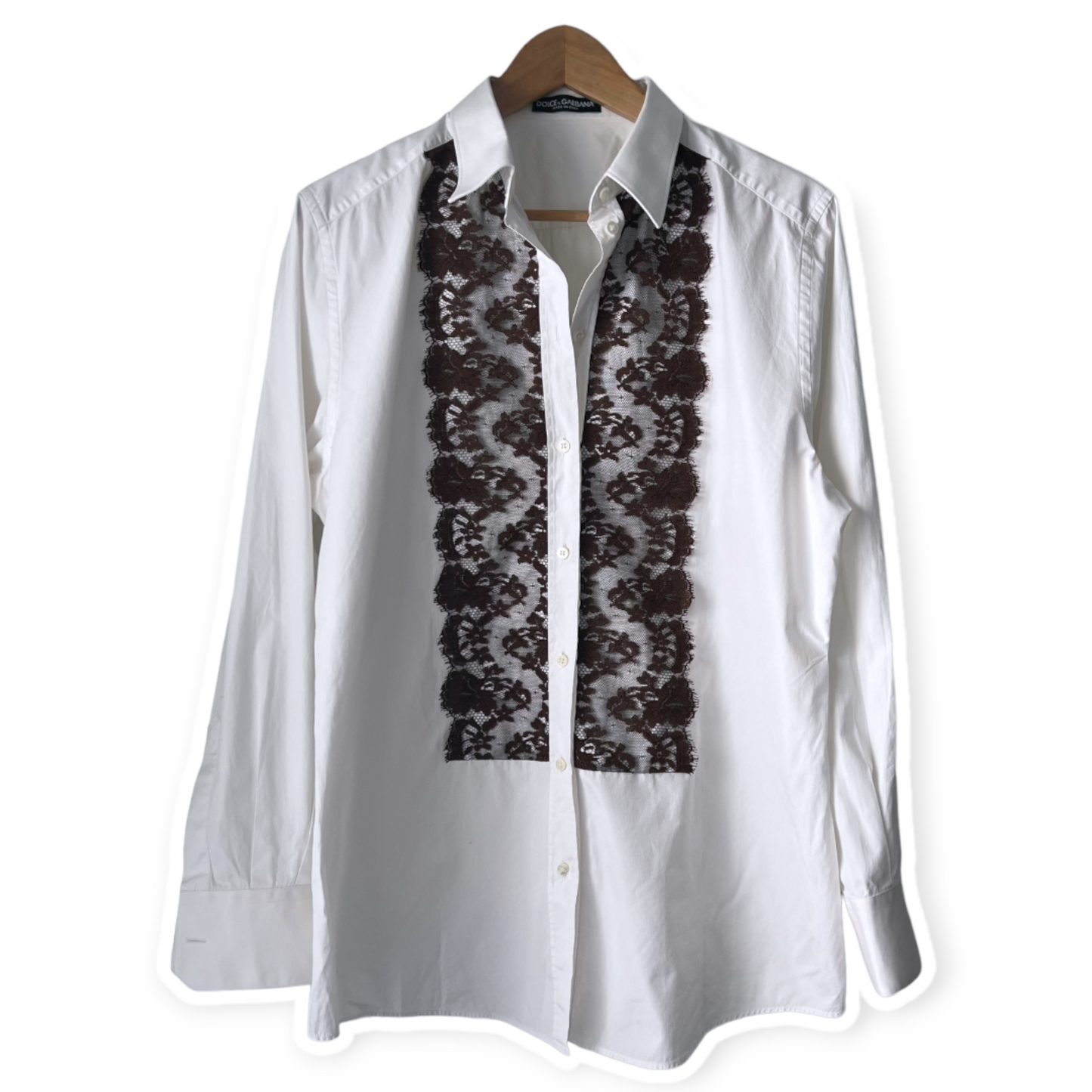 Dolce & Gabbana White Button Down Blouse with Brown Lace Trim