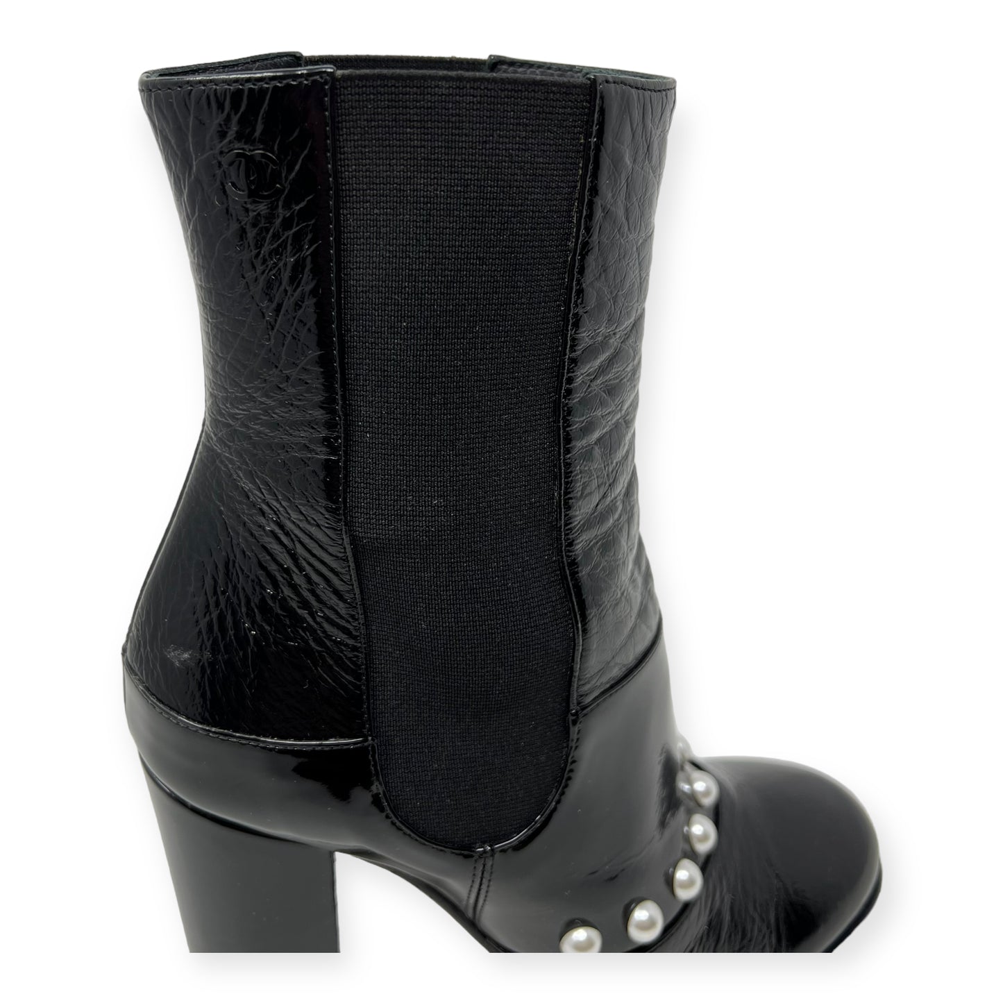 Chanel Black Patent Leather Pearl CC Logo Heeled Booties