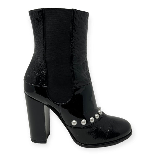 Chanel Black Patent Leather Pearl CC Logo Heeled Booties