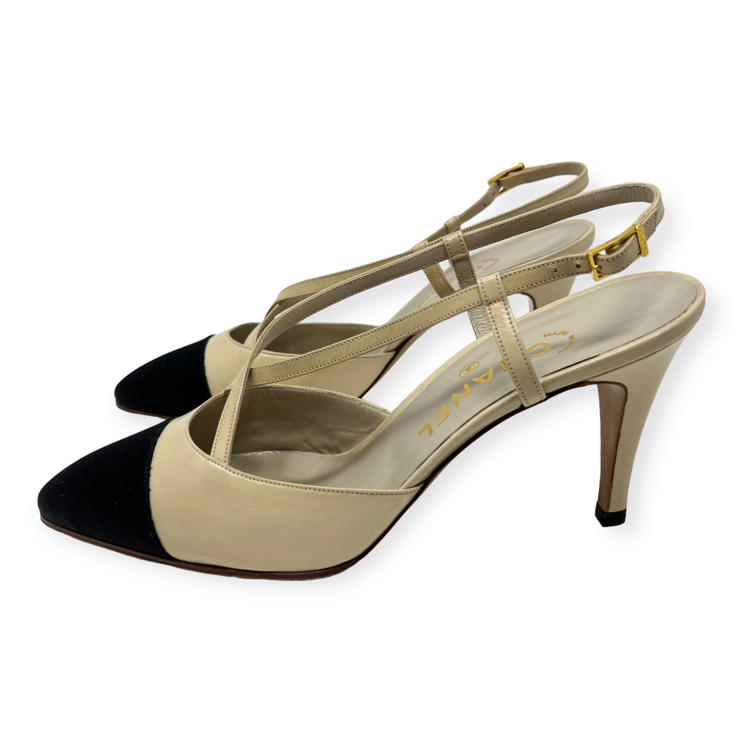 Chanel Beige Leather Silk Cap Toe Sling Back Sandals