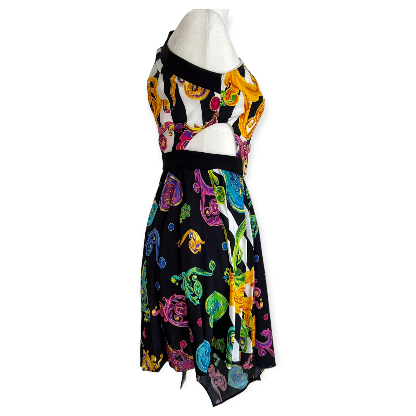 Versace Floral Multi Color Print High Low Black Dress