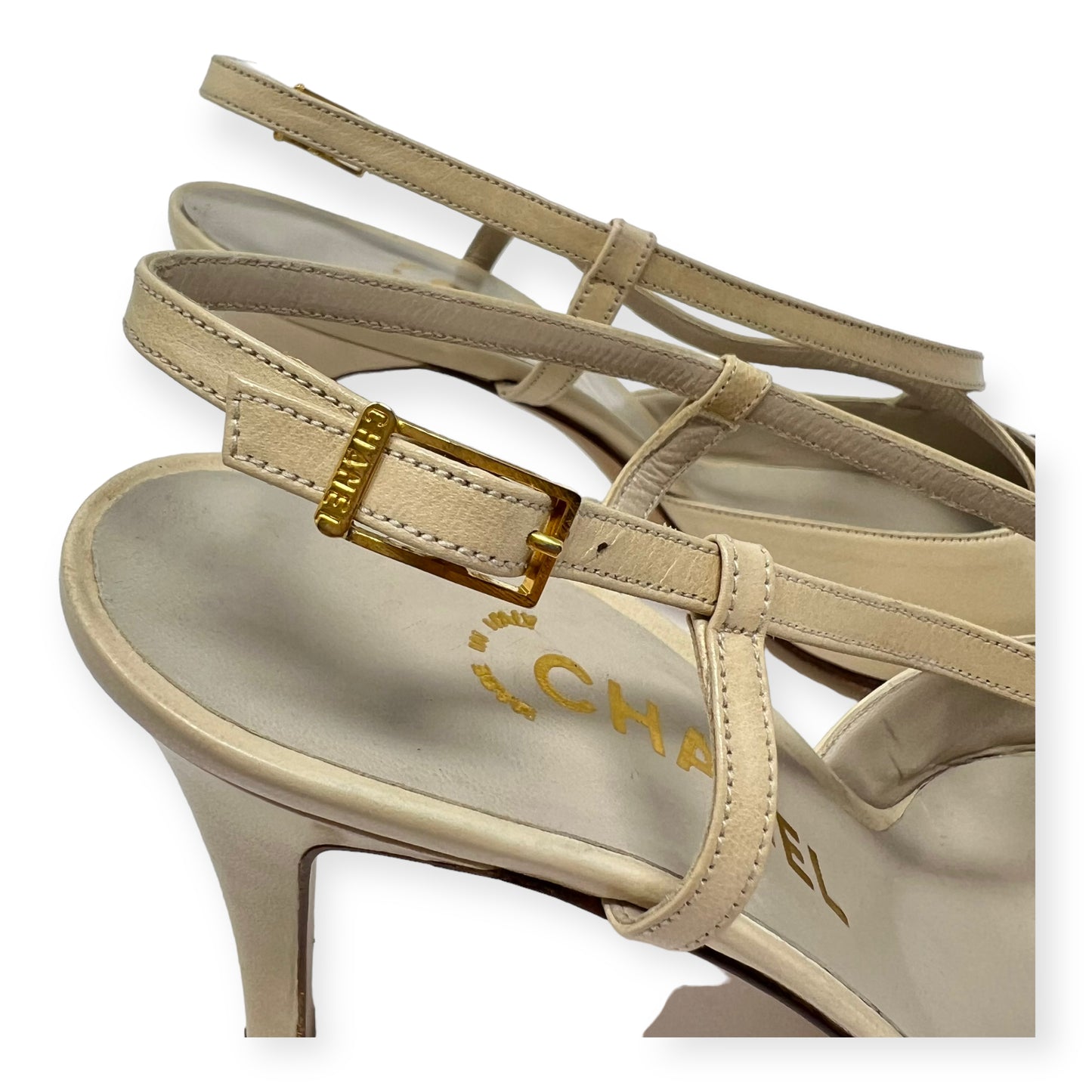 Chanel Beige Leather Silk Cap Toe Sling Back Sandals