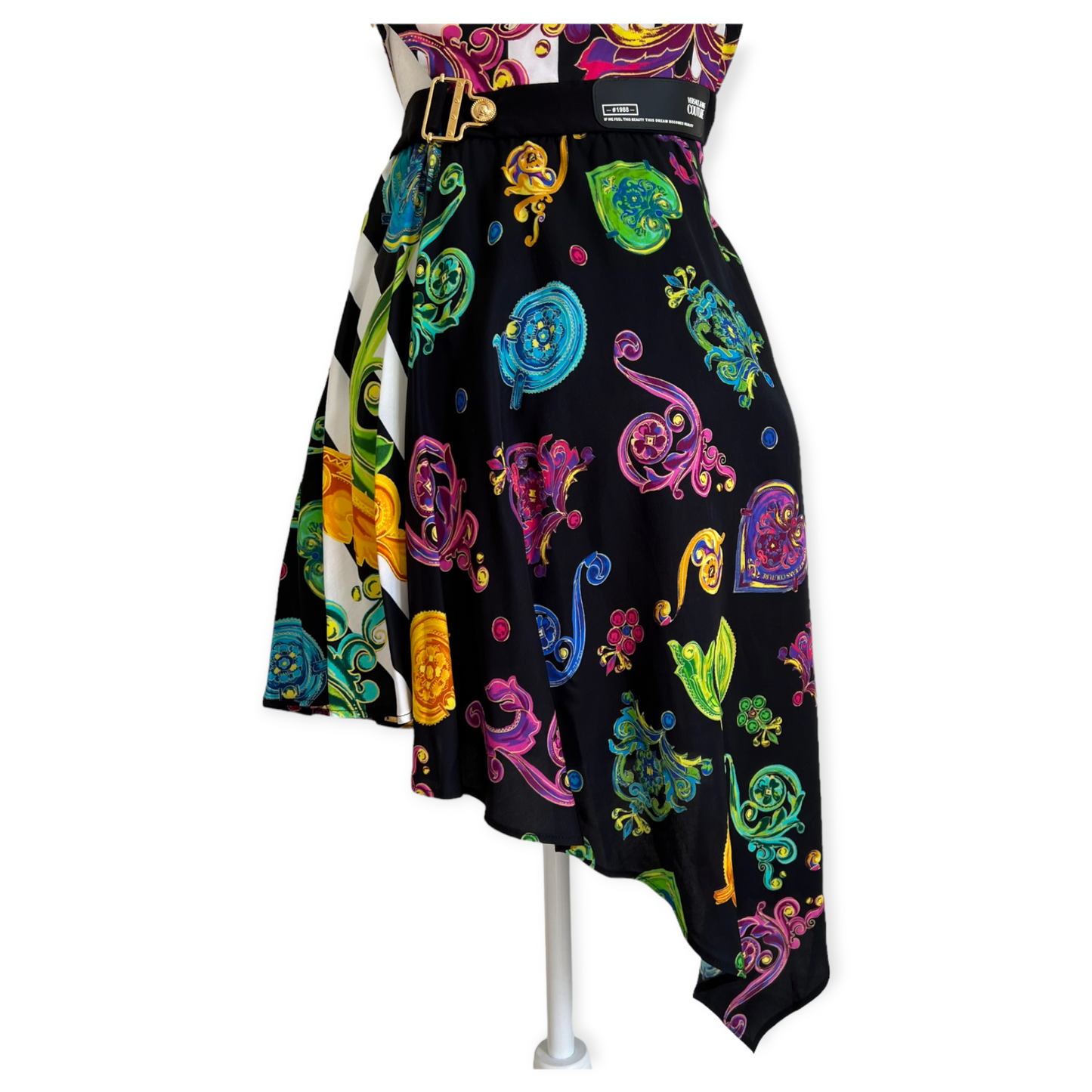 Versace Floral Multi Color Print High Low Black Dress