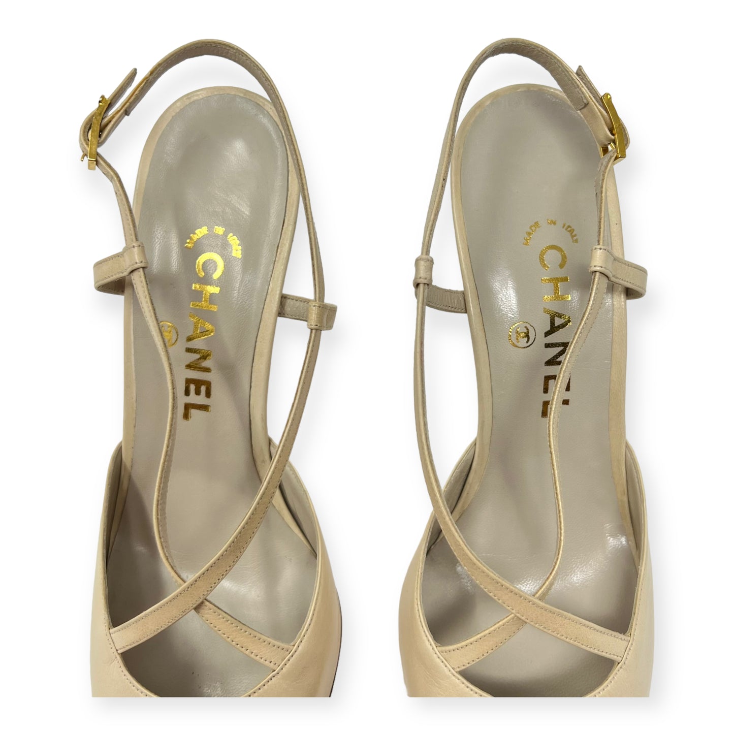 Chanel Beige Leather Silk Cap Toe Sling Back Sandals