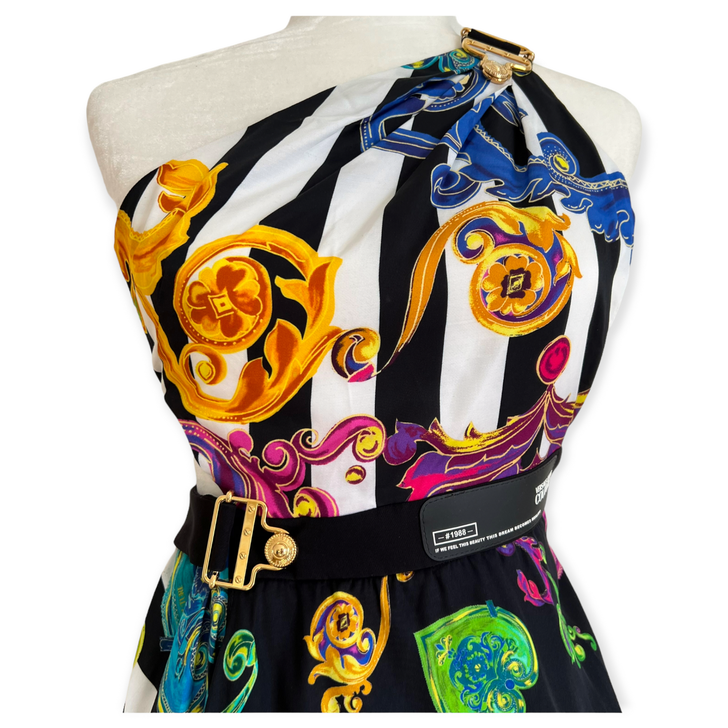 Versace Floral Multi Color Print High Low Black Dress