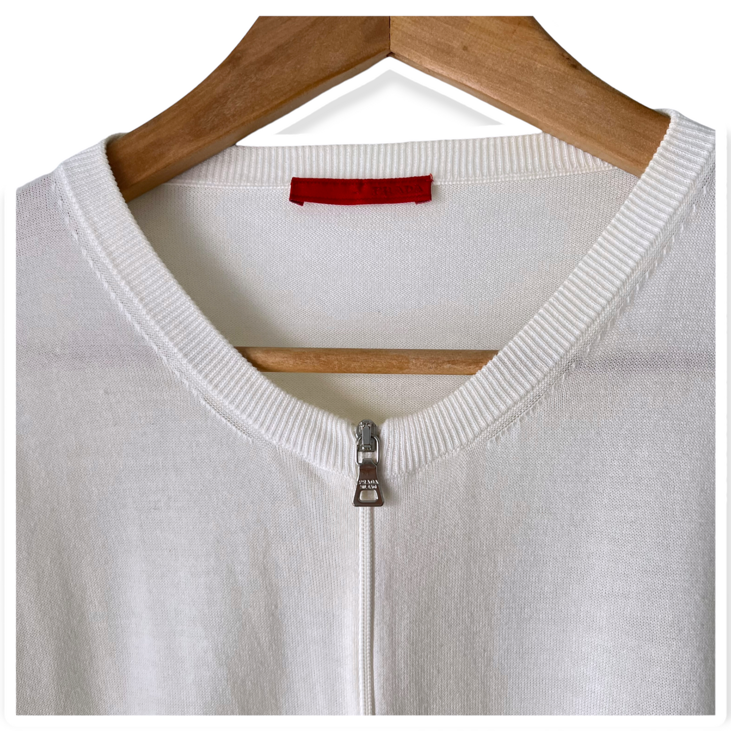 Prada White Round Neck Front Zip Knit Top