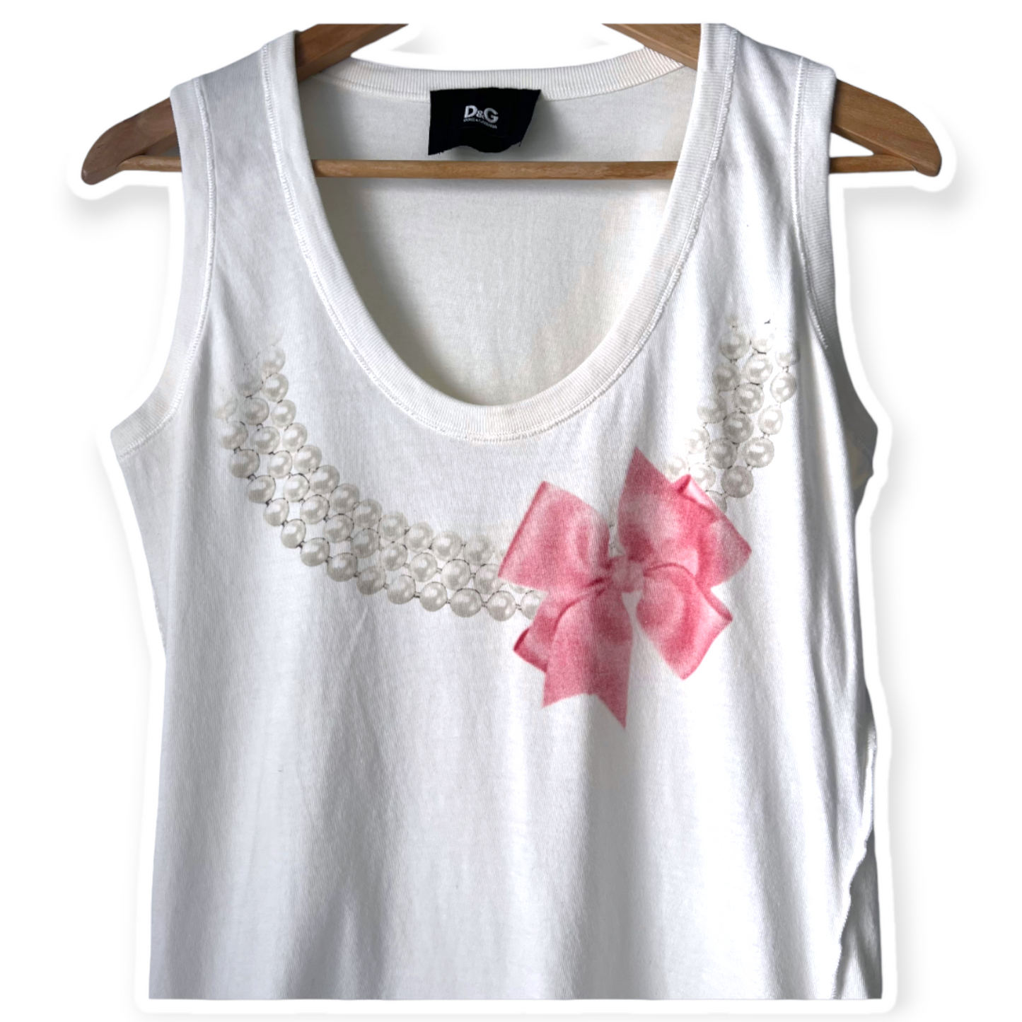 Dolce & Gabbana White Tee Pink Bow Pearl Design