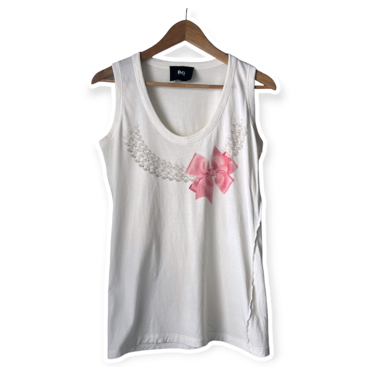 Dolce & Gabbana White Tee Pink Bow Pearl Design