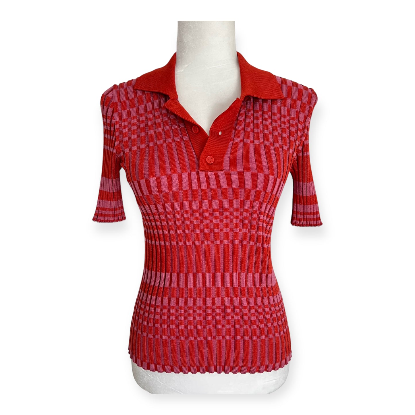 Bottega Veneta Knit Silk Striped Red Pink Polo Top