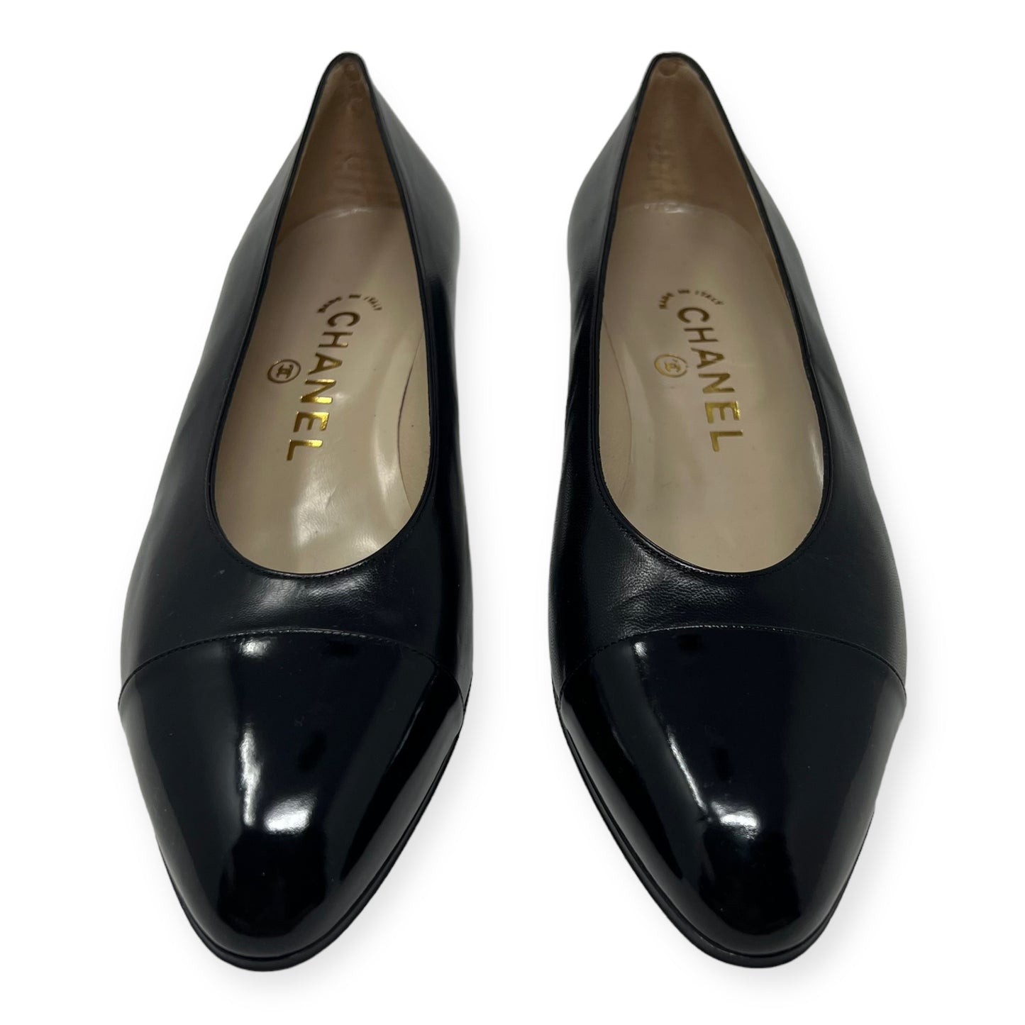 Chanel Black Leather Cap Toe Low Pumps