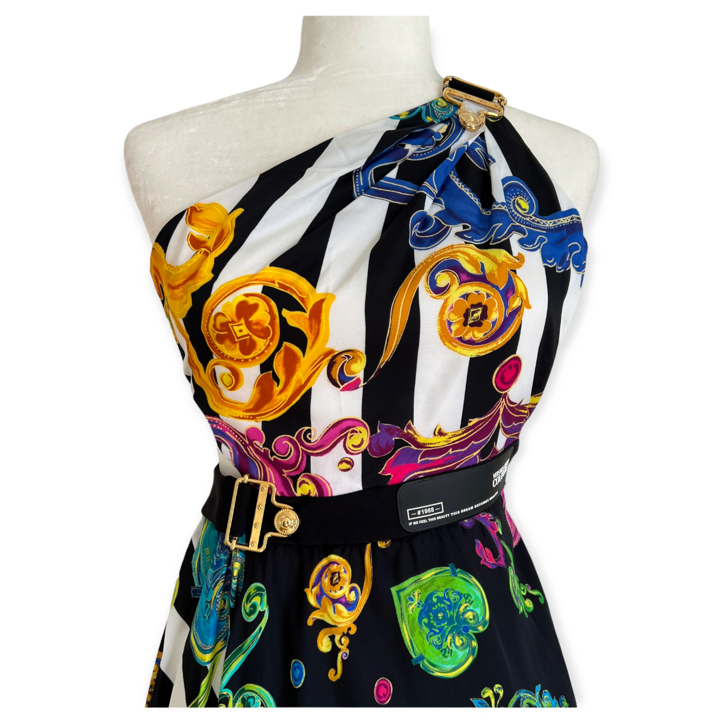 Versace Floral Multi Color Print High Low Black Dress