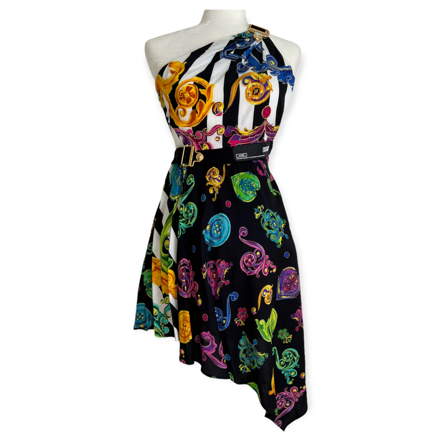 Versace Floral Multi Color Print High Low Black Dress