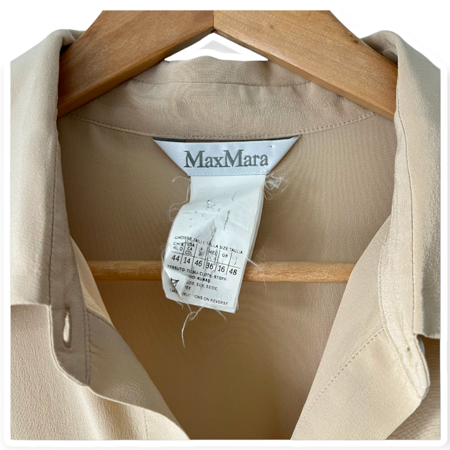 Max Mara Beige Silk Crepe Button Up Shirt Blouse