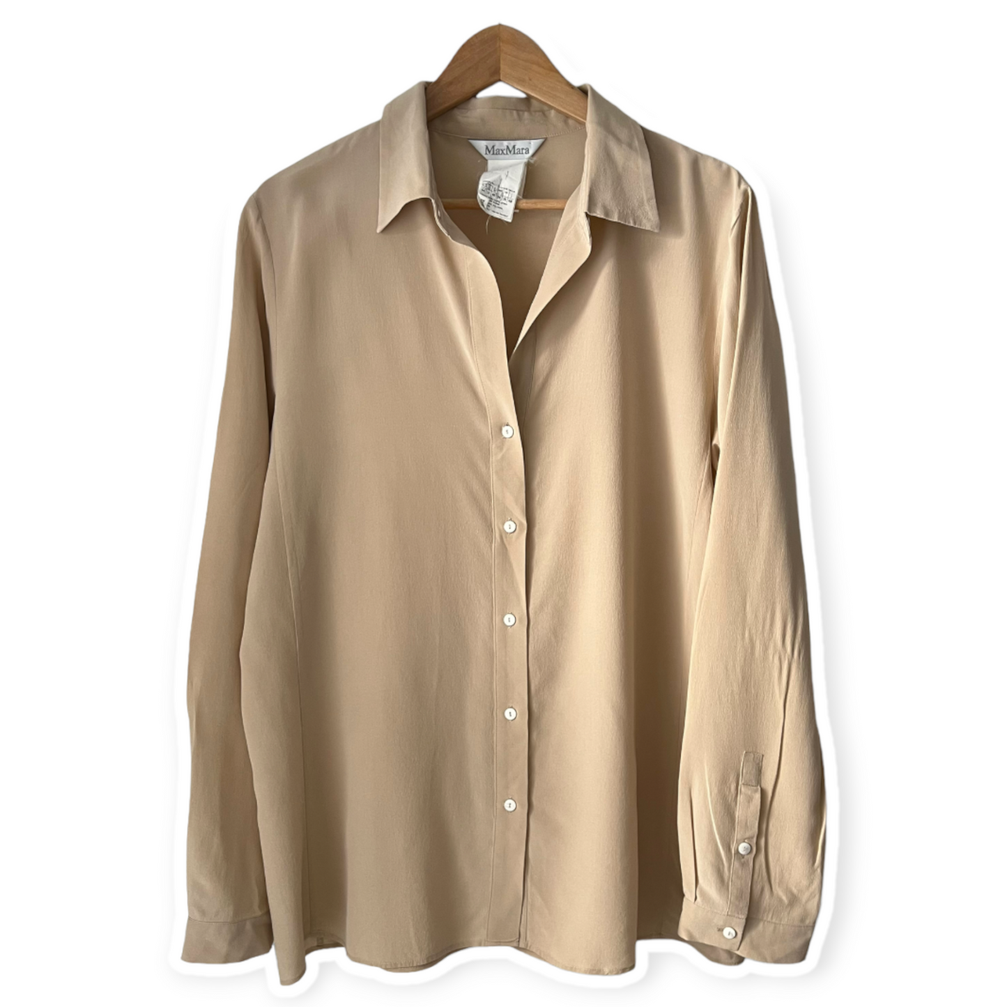 Max Mara Beige Silk Crepe Button Up Shirt Blouse