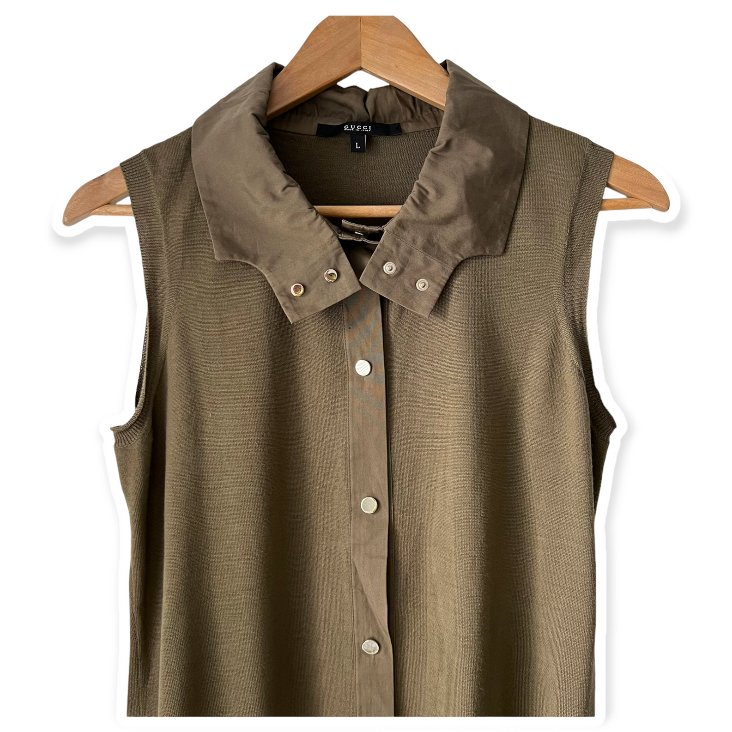 Gucci Sleeveless Olive Green Collared Sweater Top