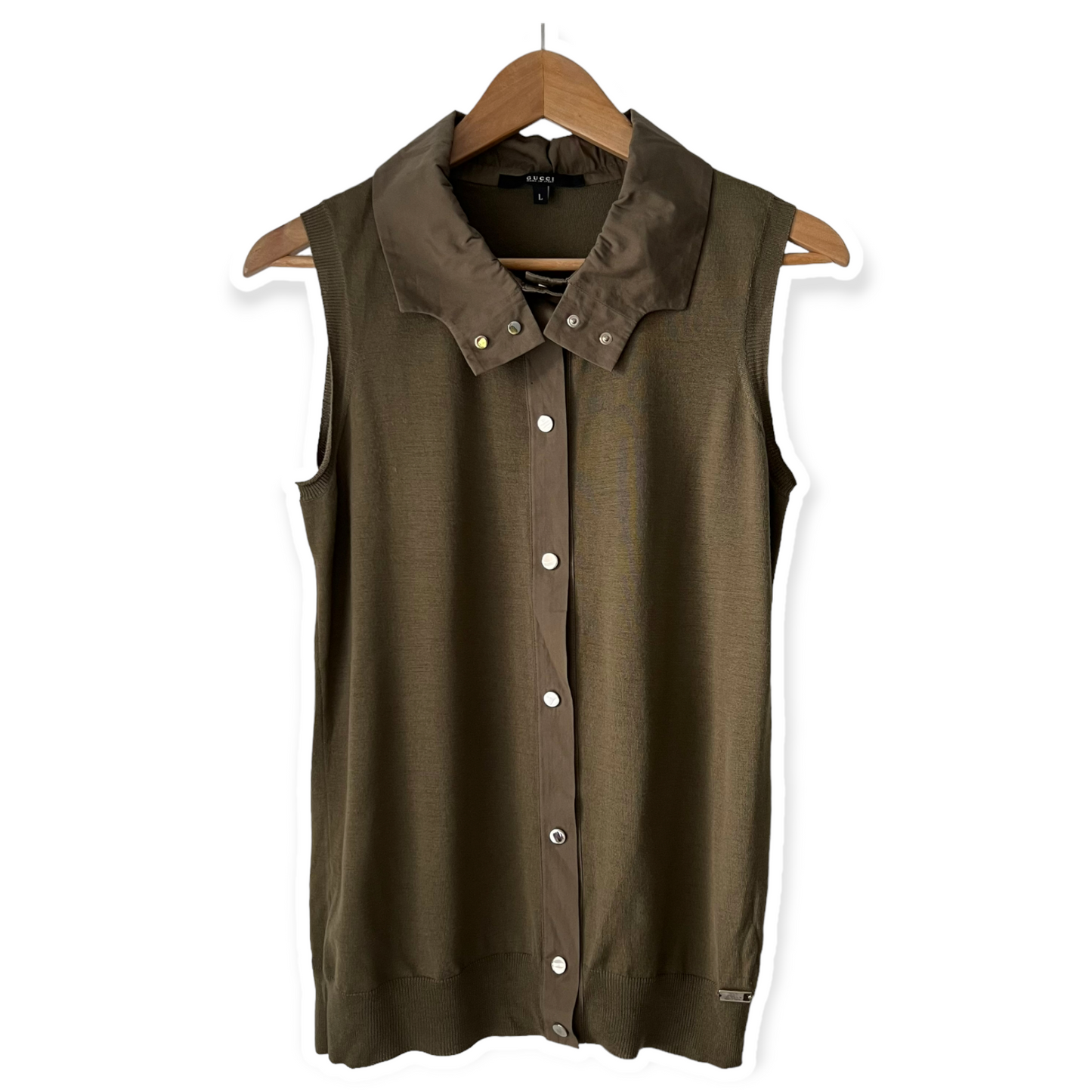 Gucci Sleeveless Olive Green Collared Sweater Top