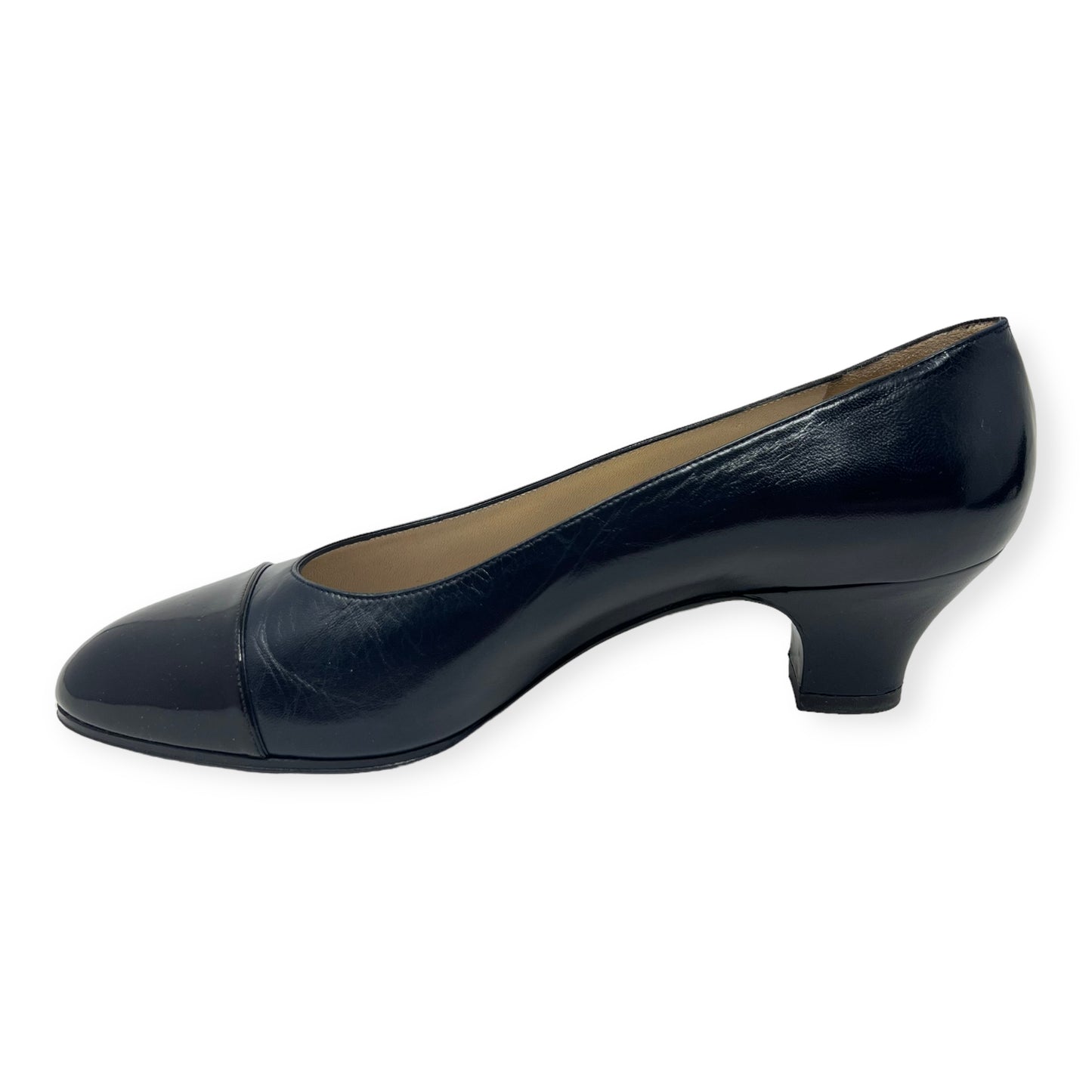 Chanel Midnight Blue Black Leather Cap Toe Low Pumps