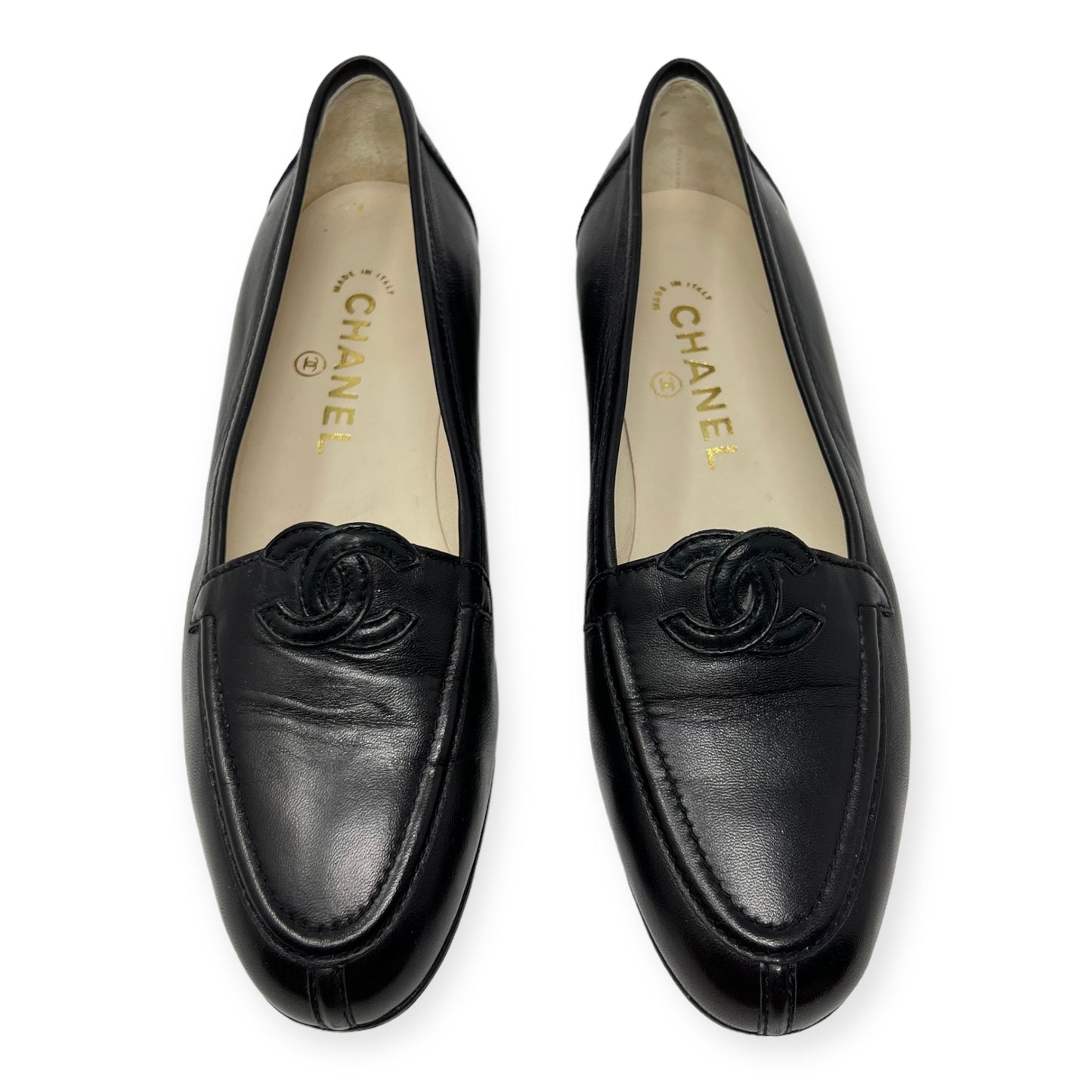 Chanel Black Leather CC Logo Flats Loafers