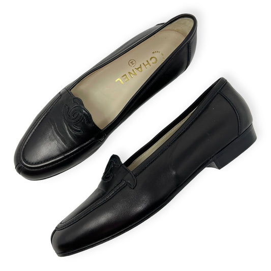 Chanel Black Leather CC Logo Flats Loafers