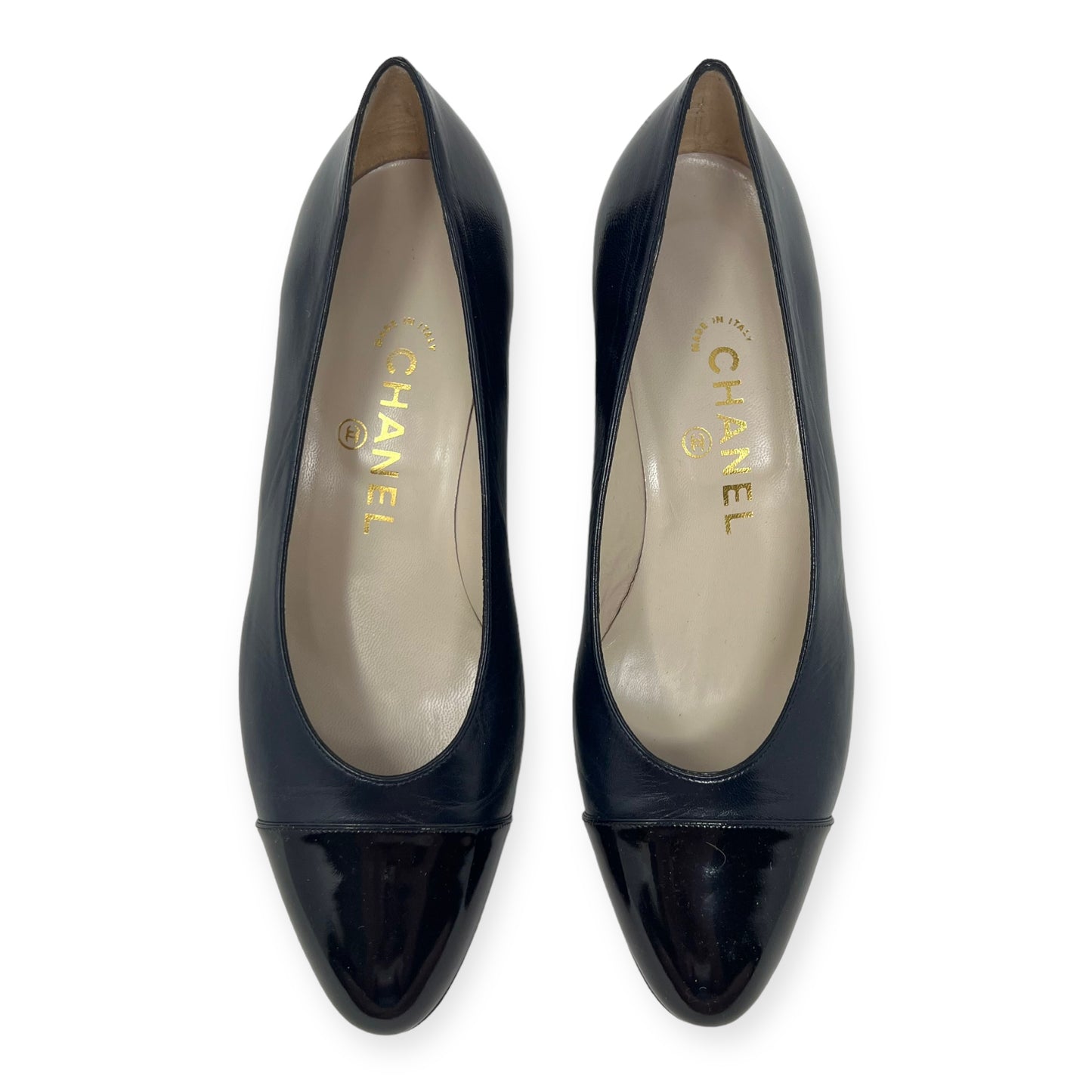 Chanel Midnight Blue Black Leather Cap Toe Low Pumps