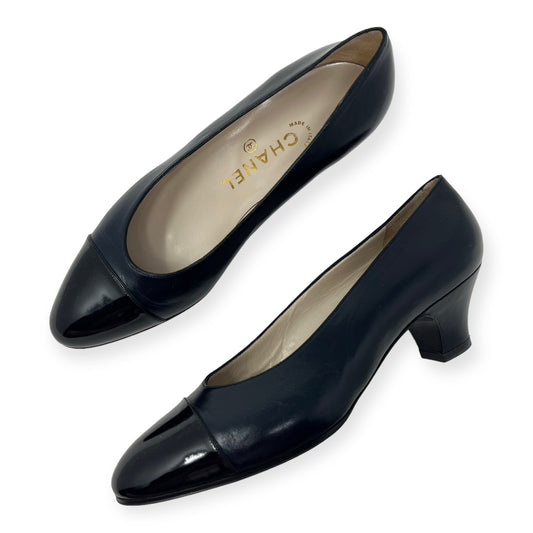 Chanel Midnight Blue Black Leather Cap Toe Low Pumps