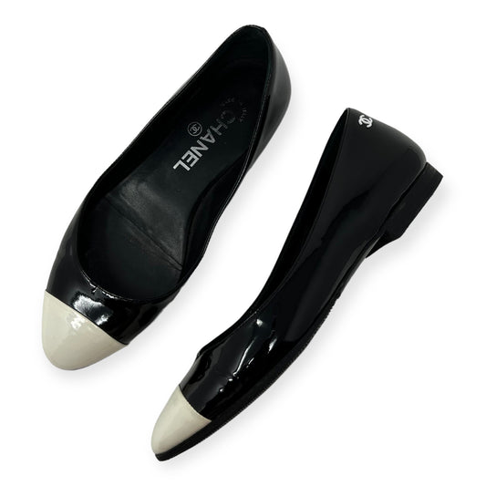 Chanel Black White Cap Toe Patent Leather Ballet Flats