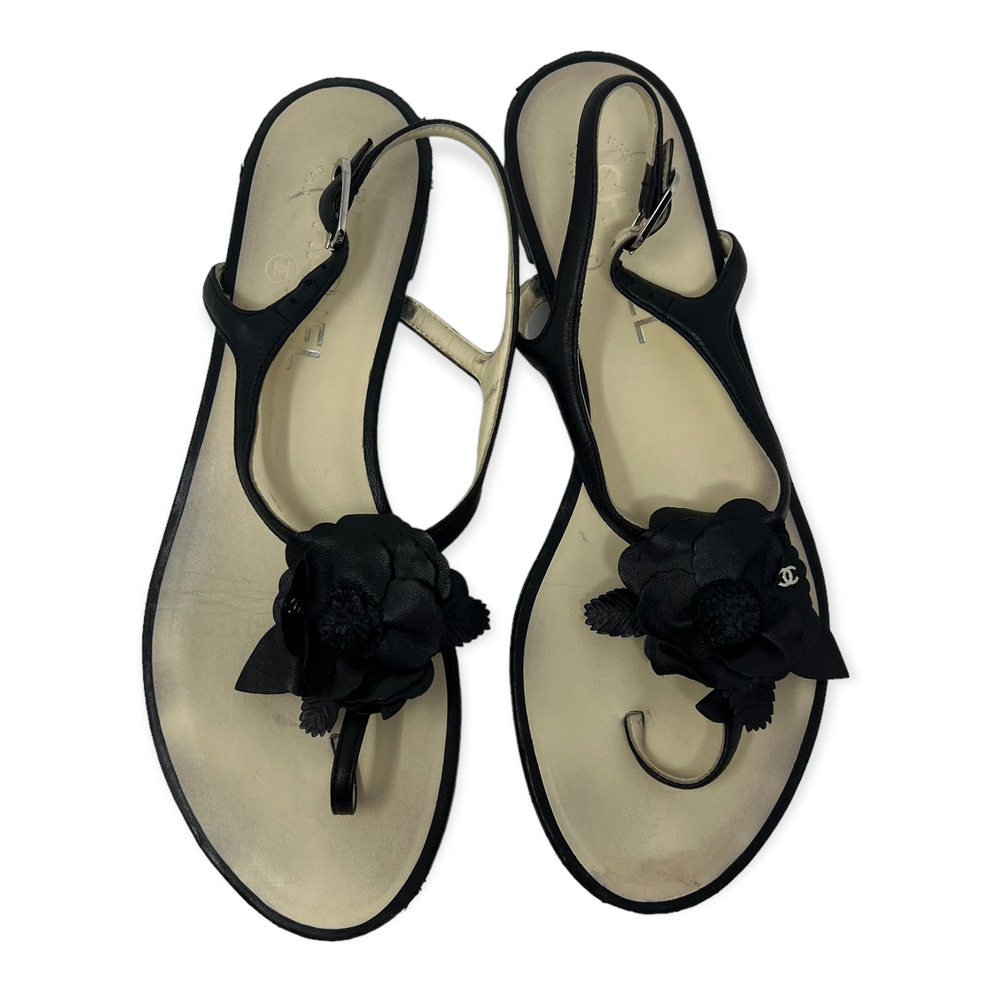 Chanel Camellia Black Leather Flower CC Logo Thong Sandal