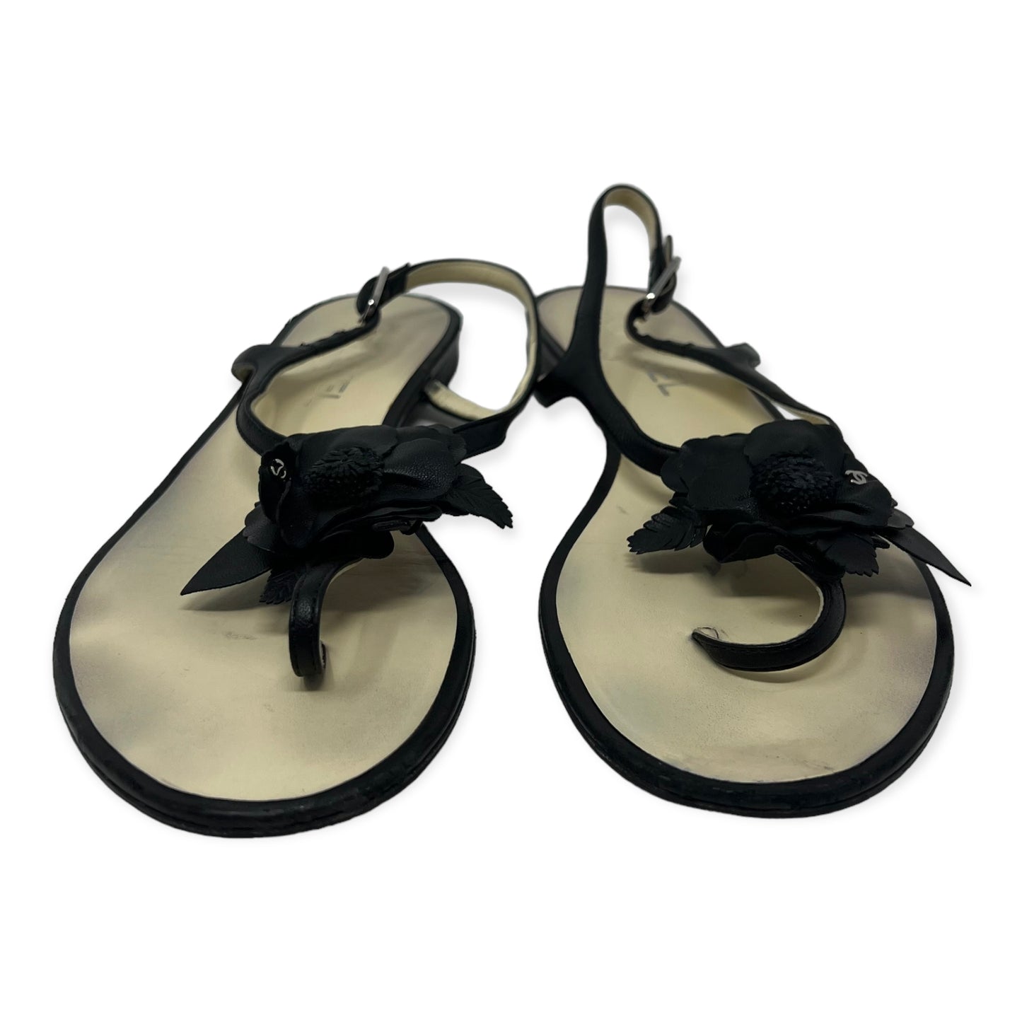 Chanel Camellia Black Leather Flower CC Logo Thong Sandal