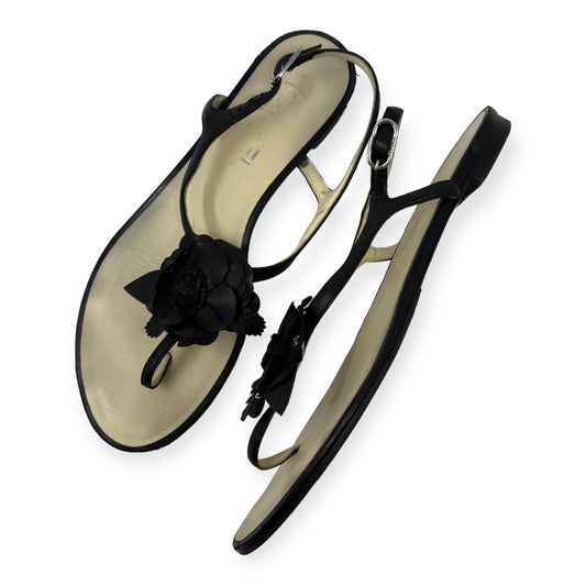 Chanel Camellia Black Leather Flower CC Logo Thong Sandal