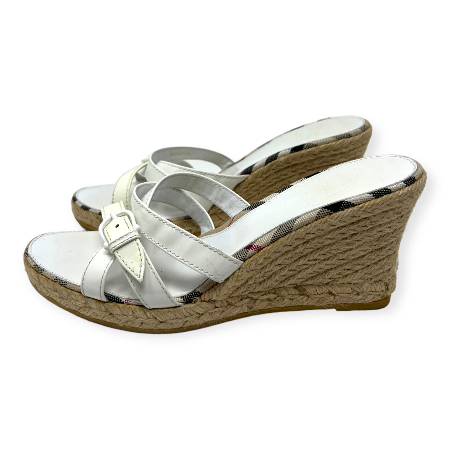 Burberry Nova Check Plaid White Patent Leather Wedge Sandals