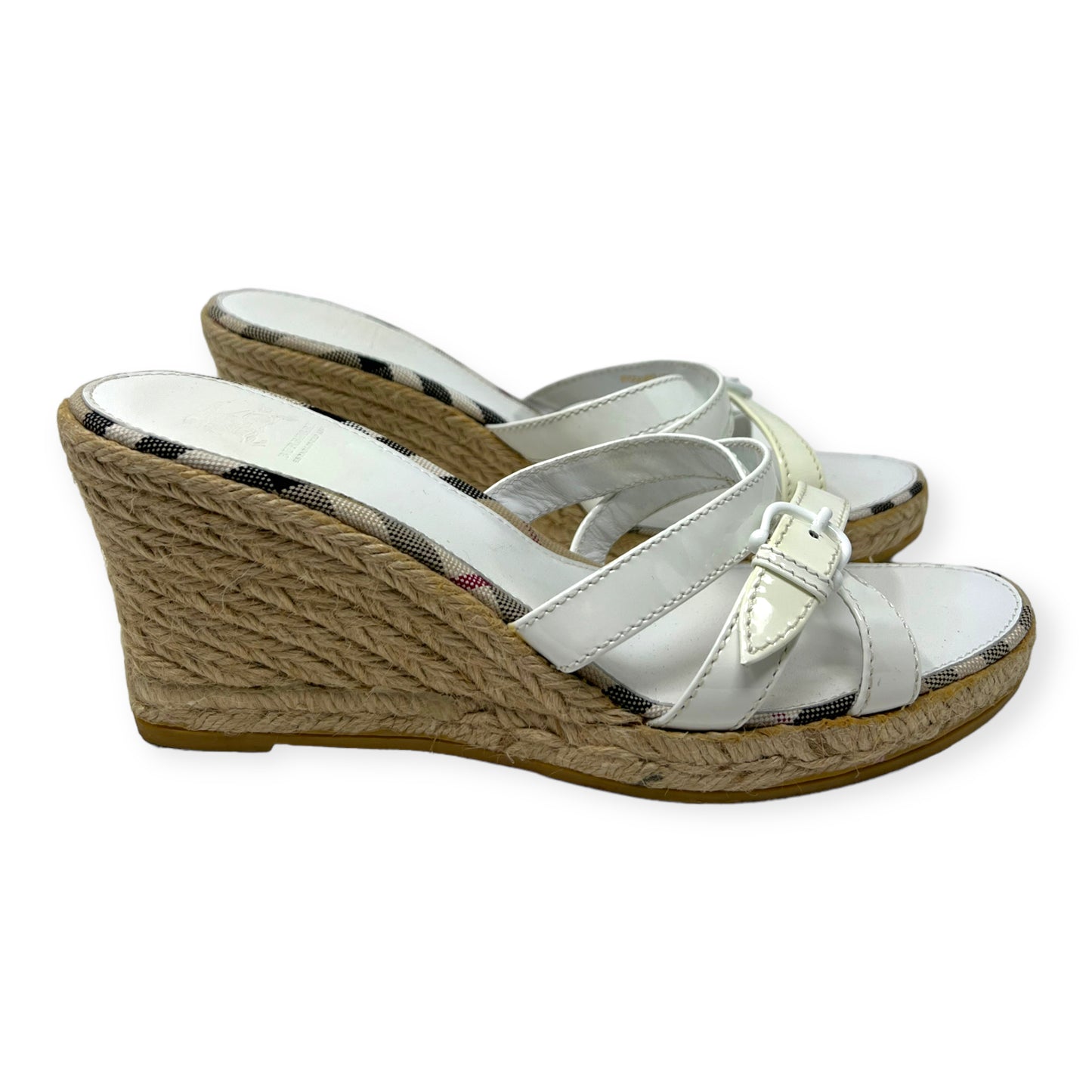 Burberry Nova Check Plaid White Patent Leather Wedge Sandals