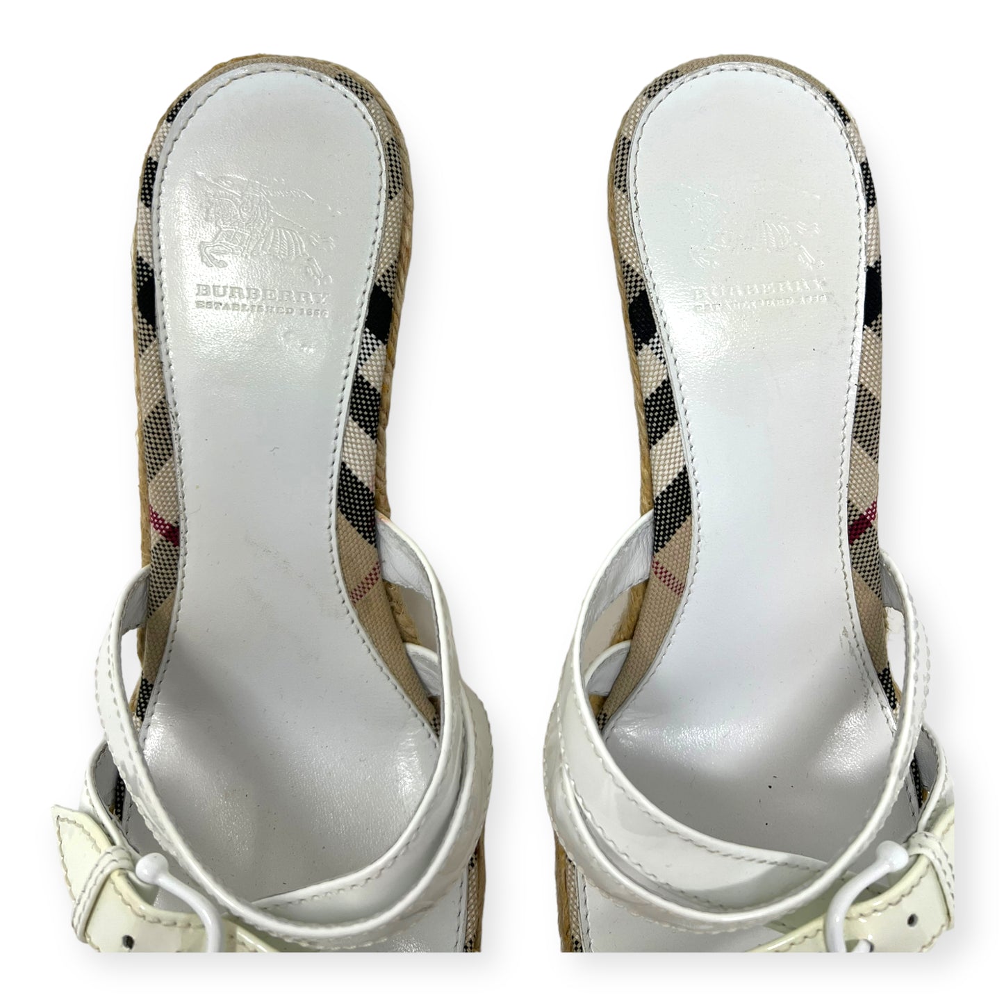 Burberry Nova Check Plaid White Patent Leather Wedge Sandals