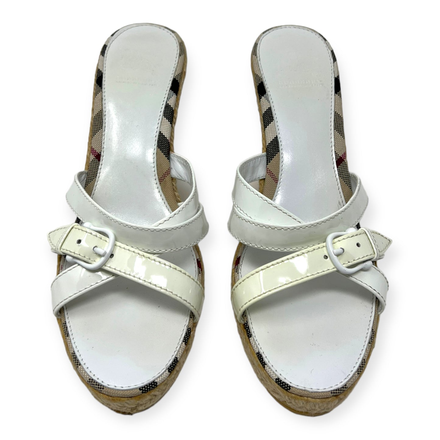 Burberry Nova Check Plaid White Patent Leather Wedge Sandals